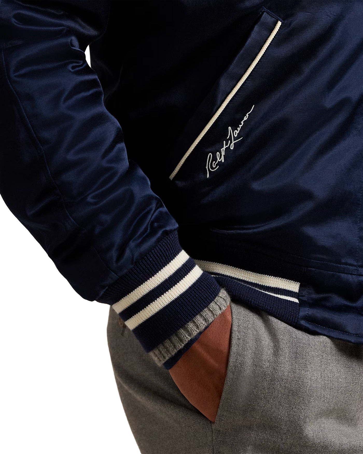 Veste baseball Ralph Lauren Yankees bleu marine détail manche, vue profil