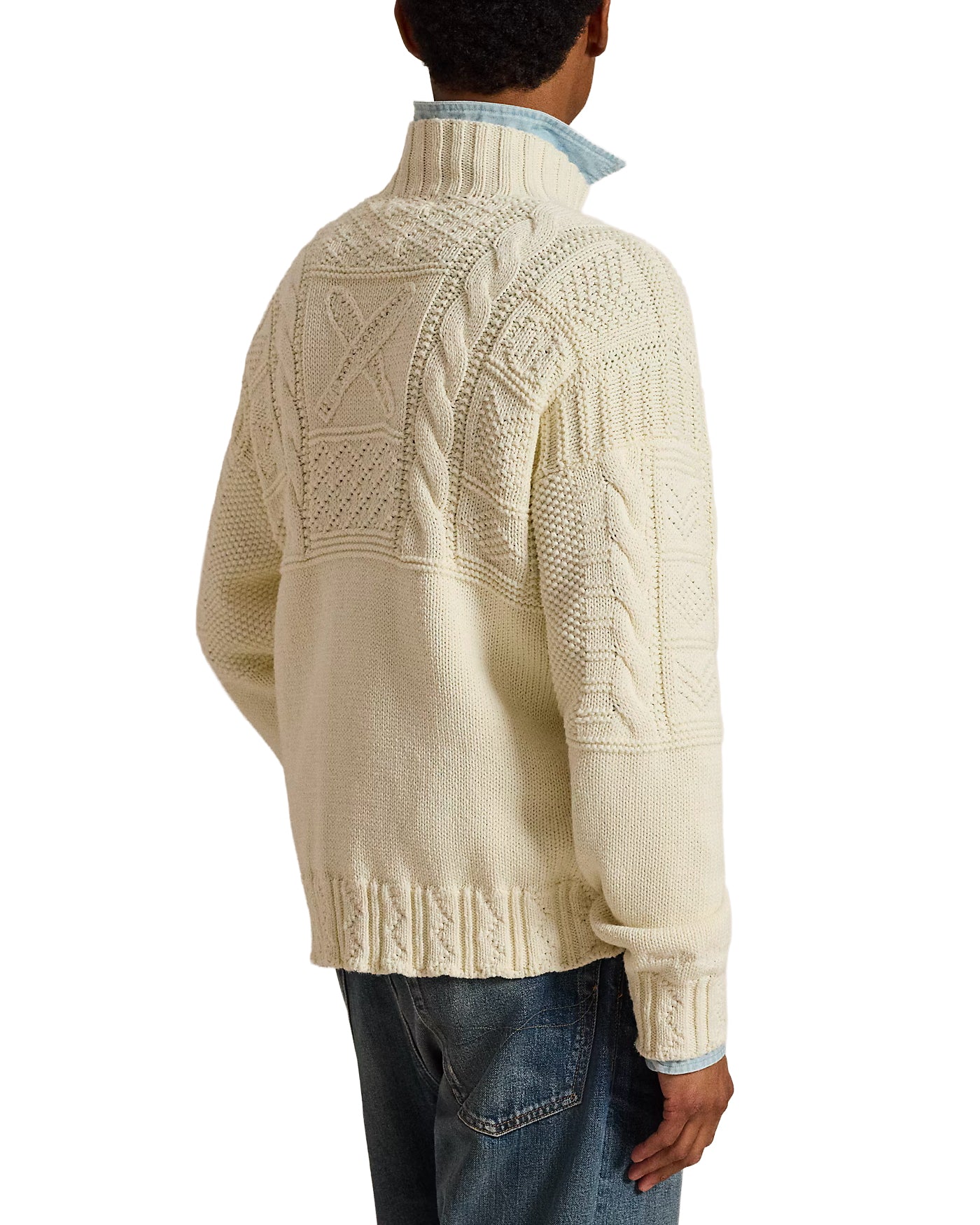 Pull torsadé col montant Ralph Lauren blanc cassé maille dos