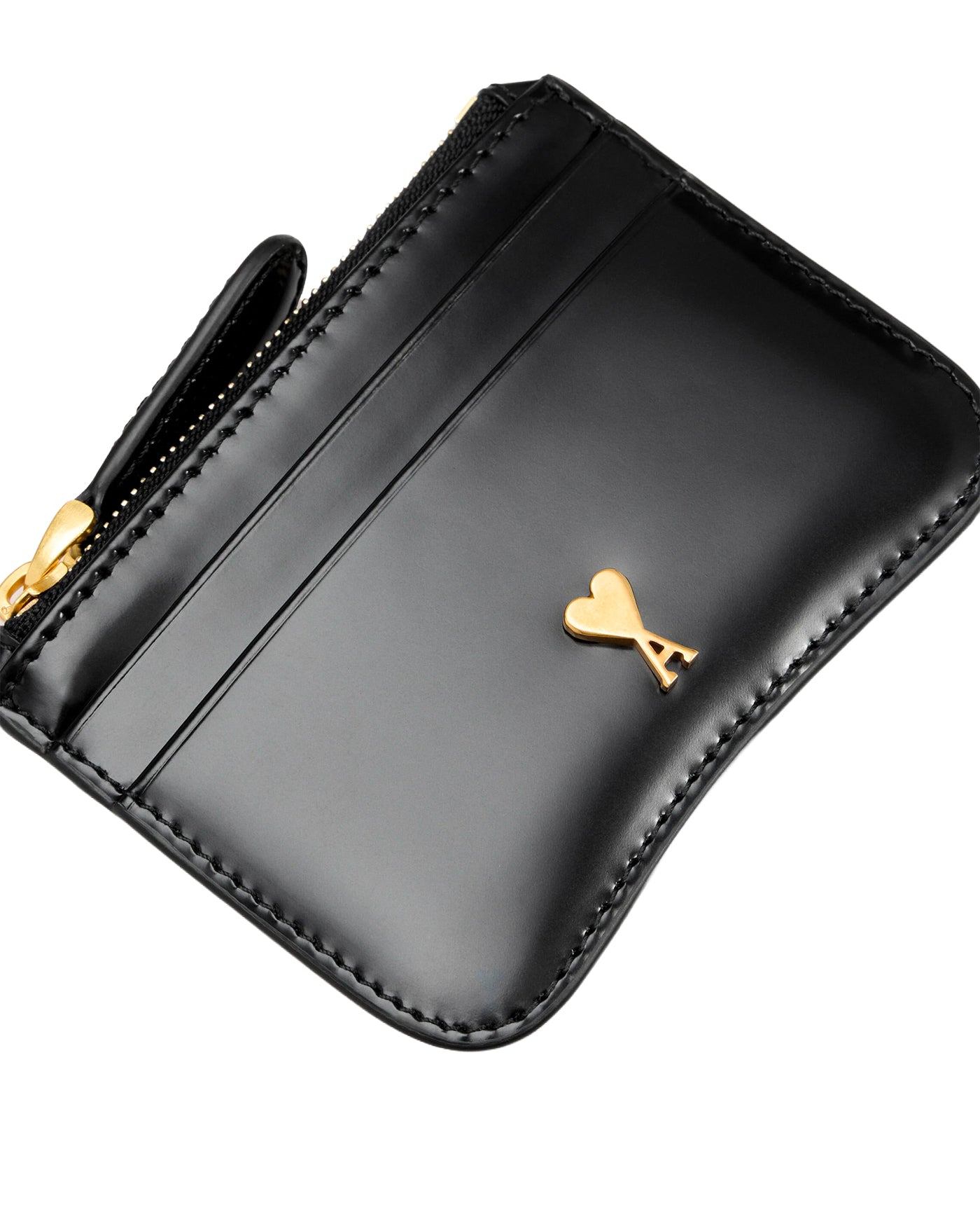 Porte-cartes zippé cuir verni noir Ami Paris logo doré ouvert