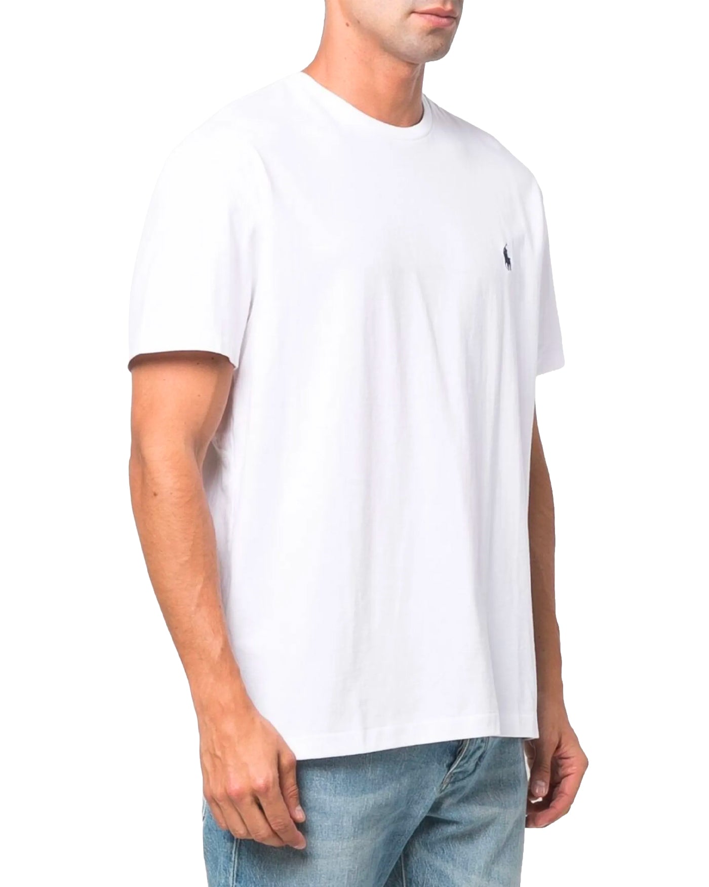 T-shirt Ralph Lauren jersey col rond blanc logo poney profil gauche