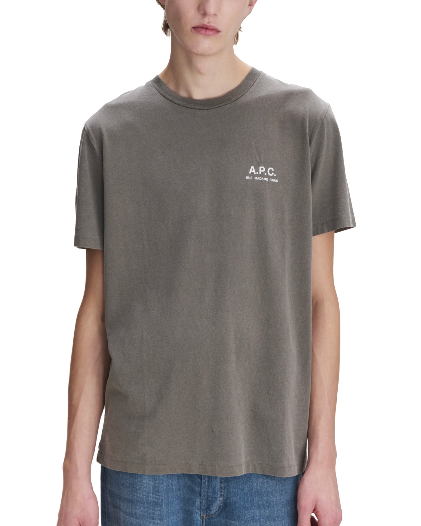 T-shirt A.P.C. Gabby gris avec petit logo brodé blanc porté face