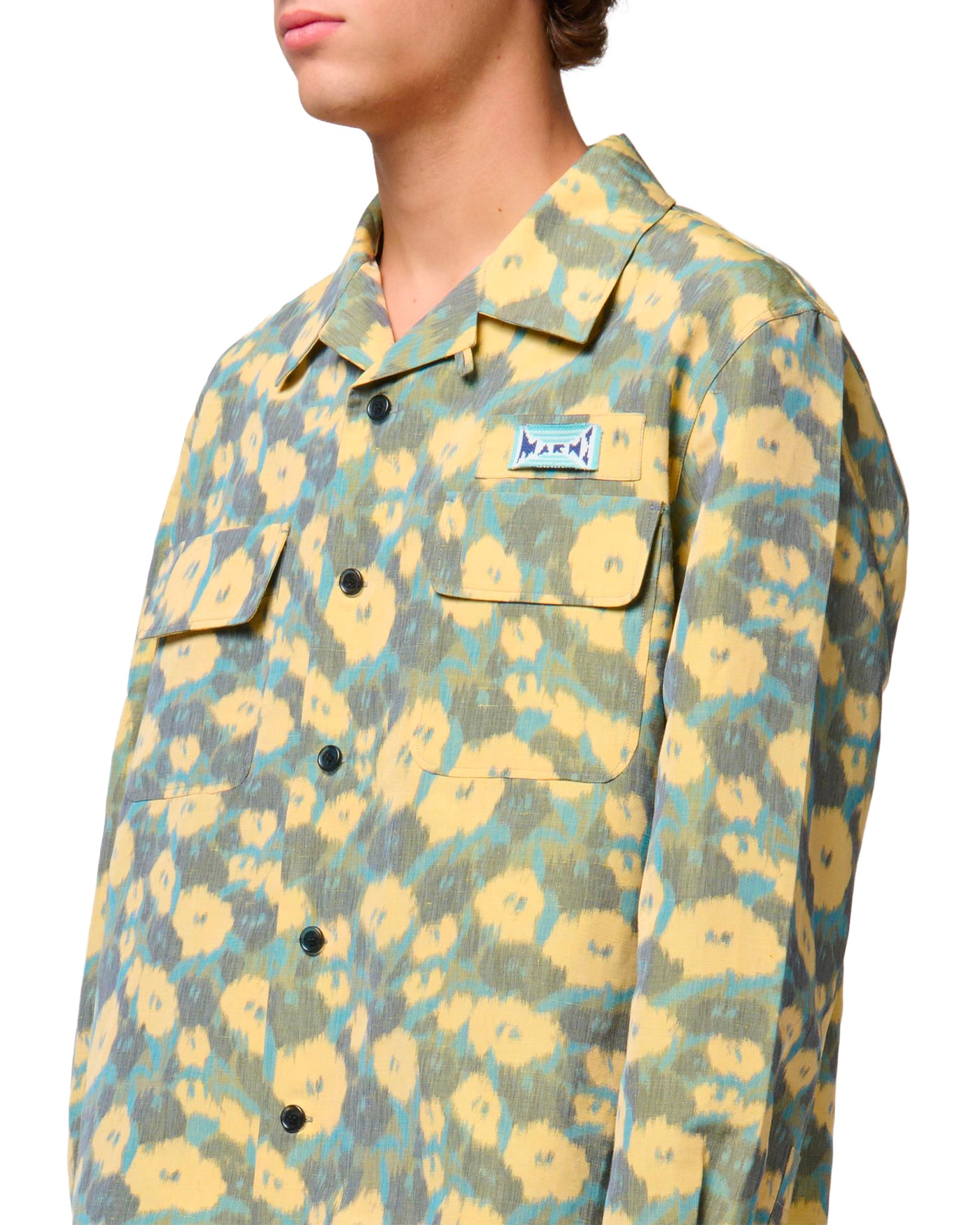 Chemise Marni imprimé floral jaune gris cobalt zoom logo profil gauche