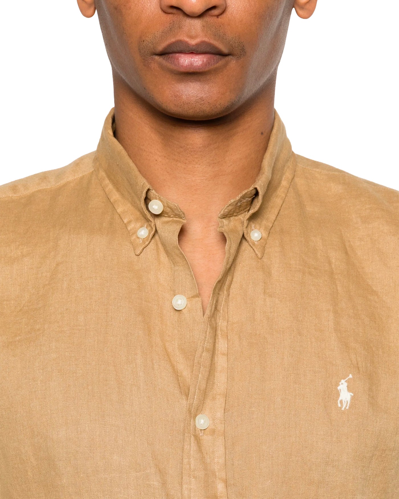 Chemise en lin Ralph Lauren beige tan col boutonné zoom face