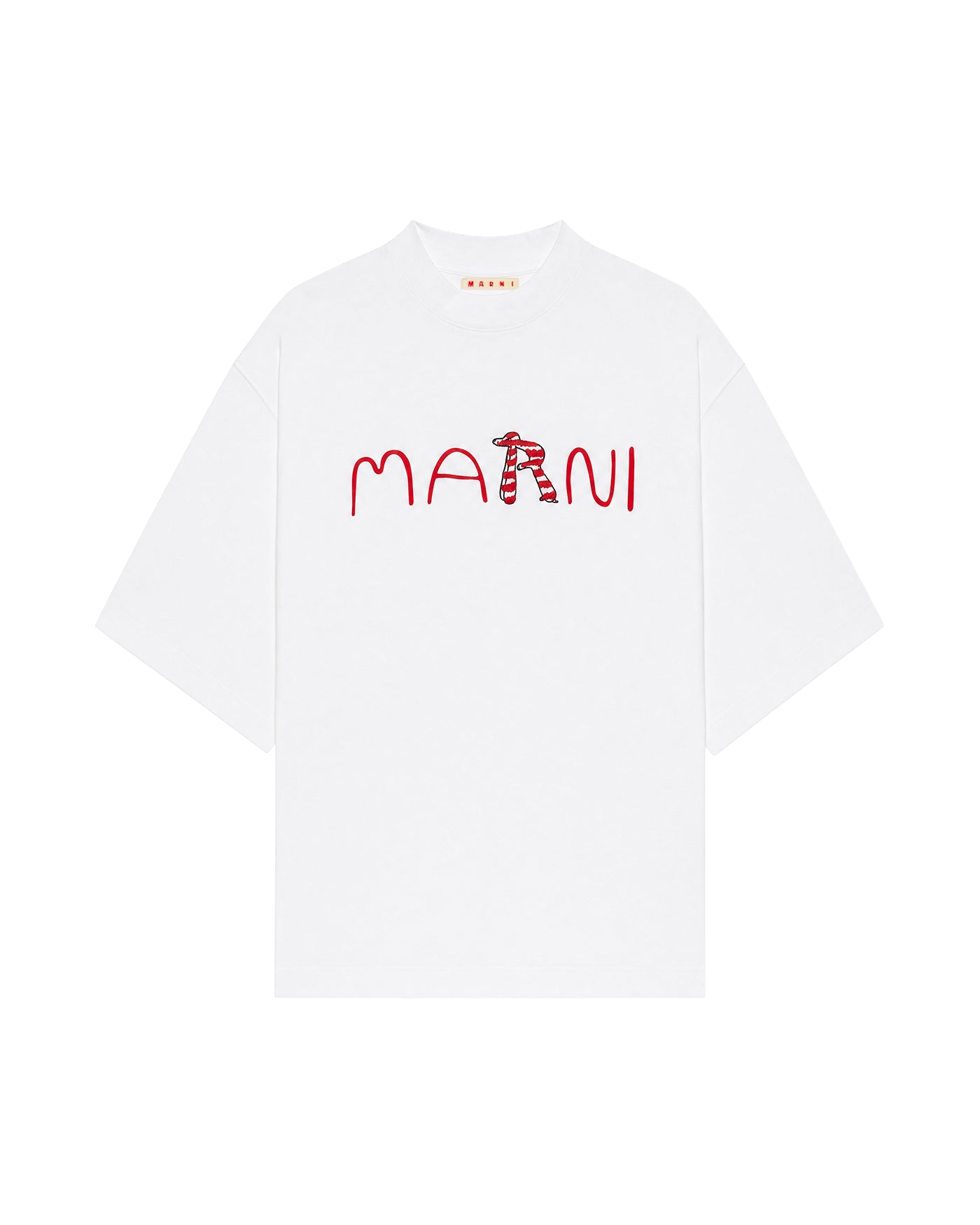T-shirt Marni blanc logo flocké rouge oversize manches courtes face