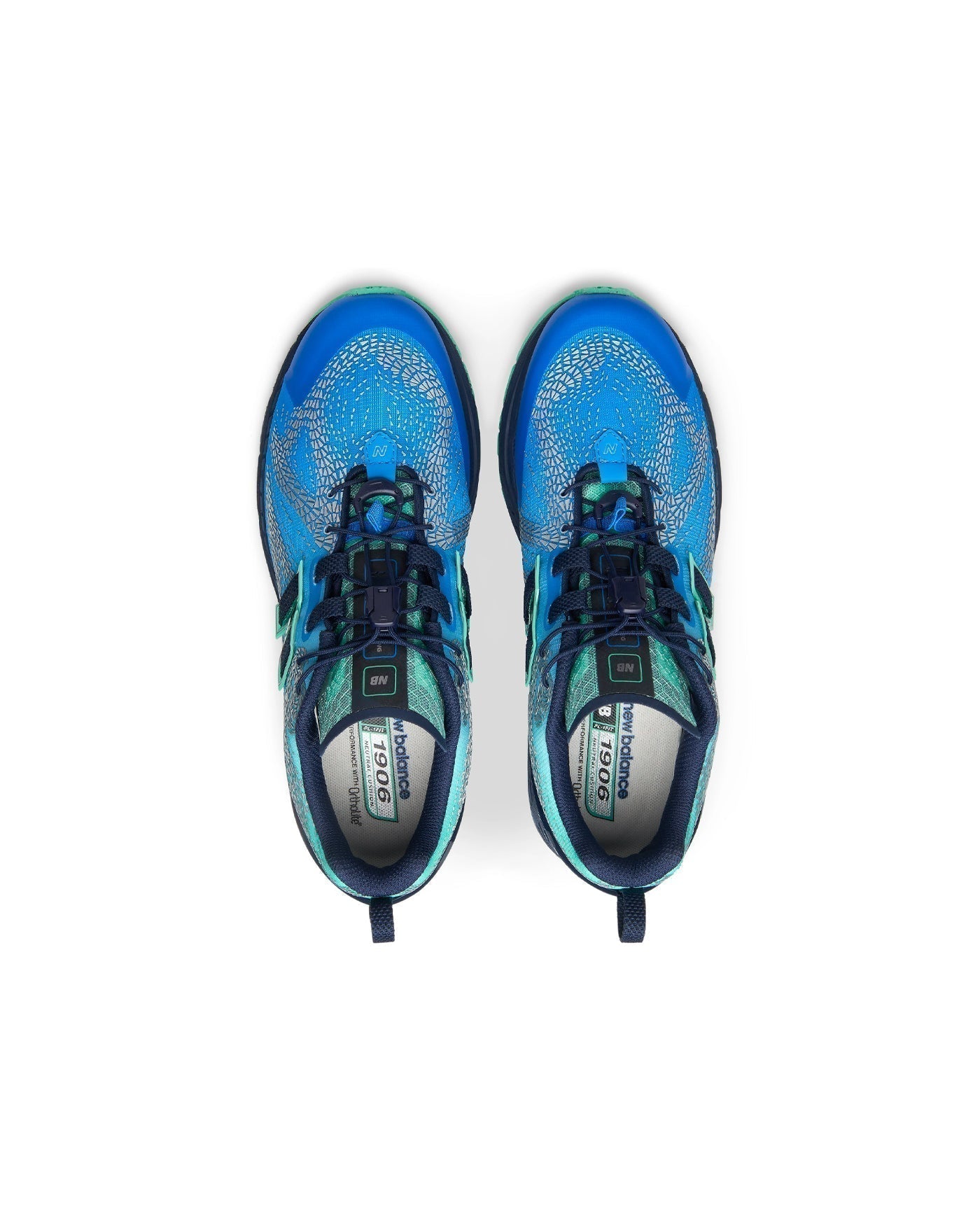Sneakers New Balance 1906F bleu turquoise et menthe vues de dessus
