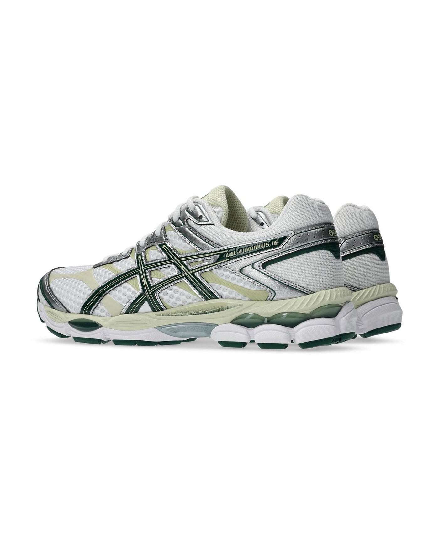 Sneakers Asics Gel Cumulus 16 blanc et vert sapin profil gauche talon