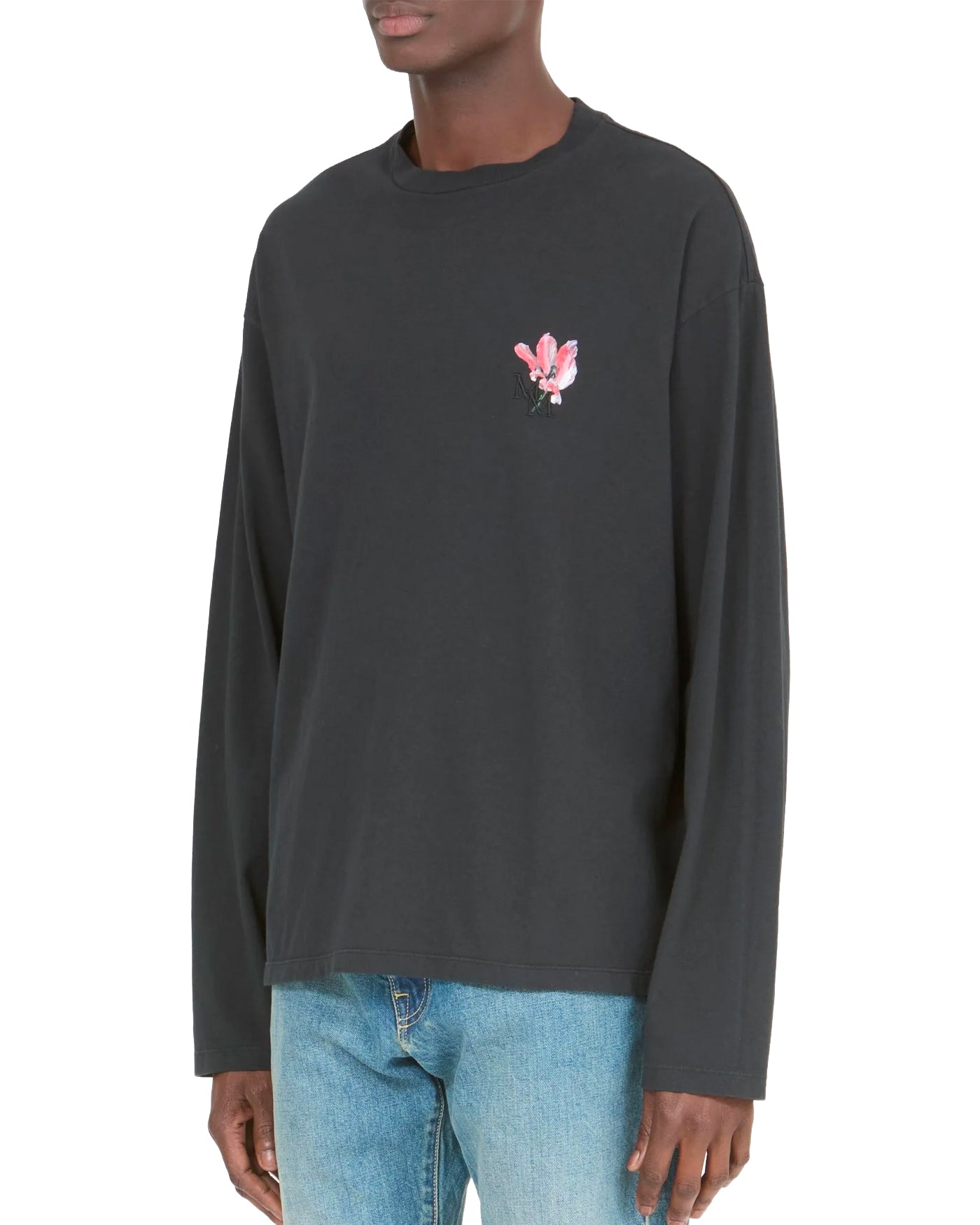 T-shirt manches longues Maison Margiela noir broderie fleur rose profil gauche