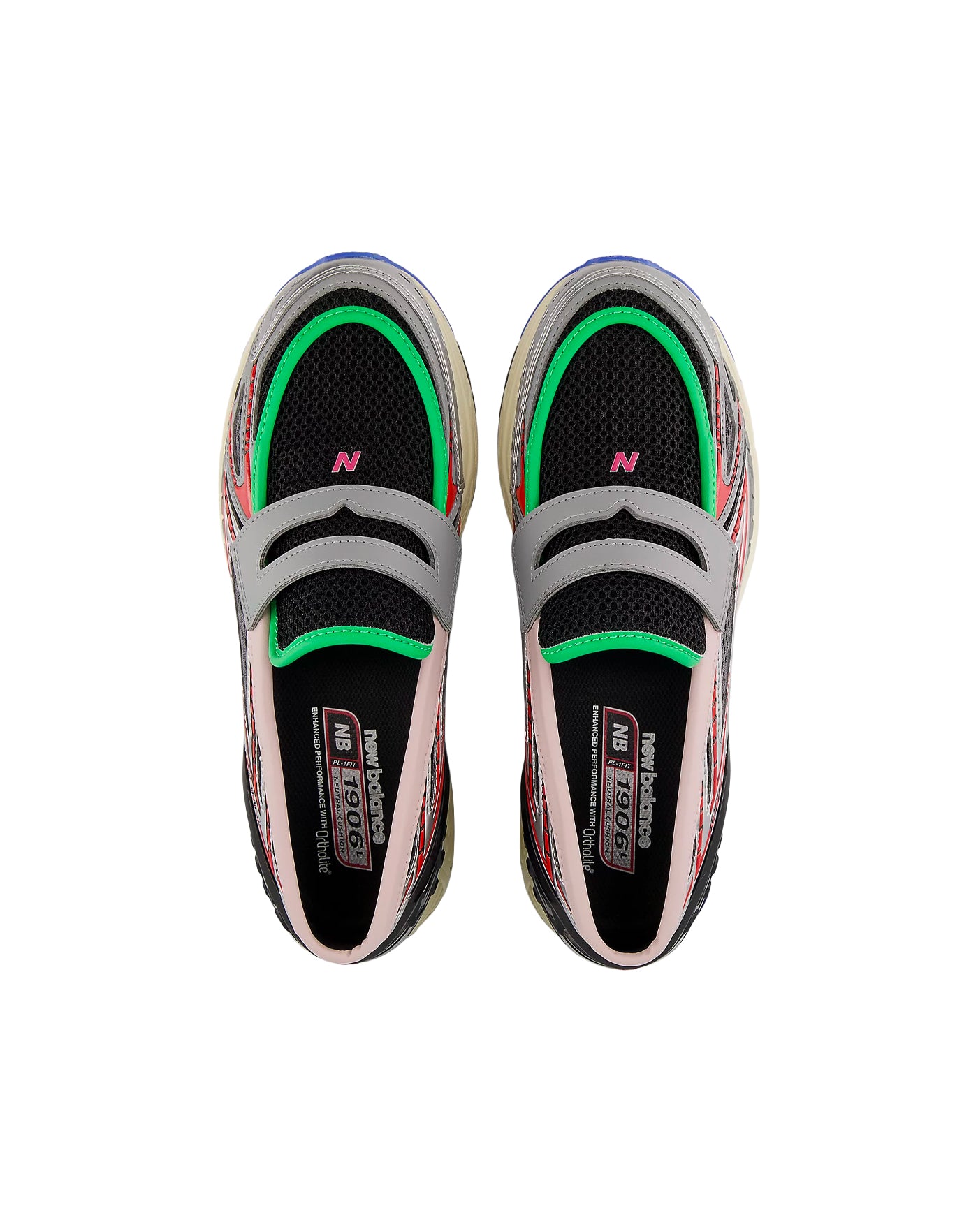 Sneakers New Balance 1906L noir et vert fluo avec détails roses vue du dessus