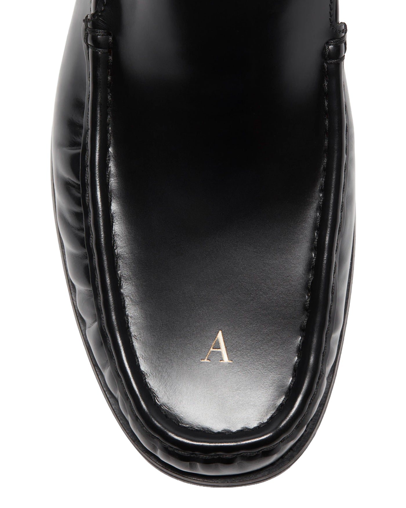 Loafer Acne Studios noir face détail semelle initiale dorée brodée