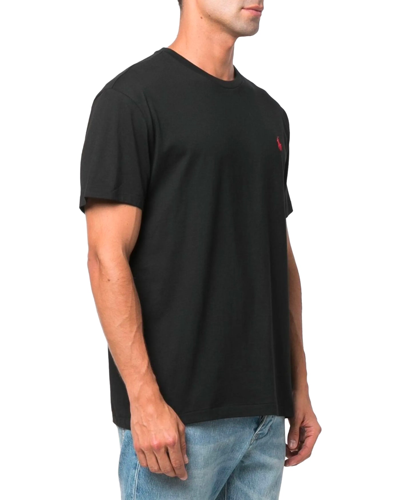 T-shirt Ralph Lauren jersey col rond noir logo poney brodé profil gauche