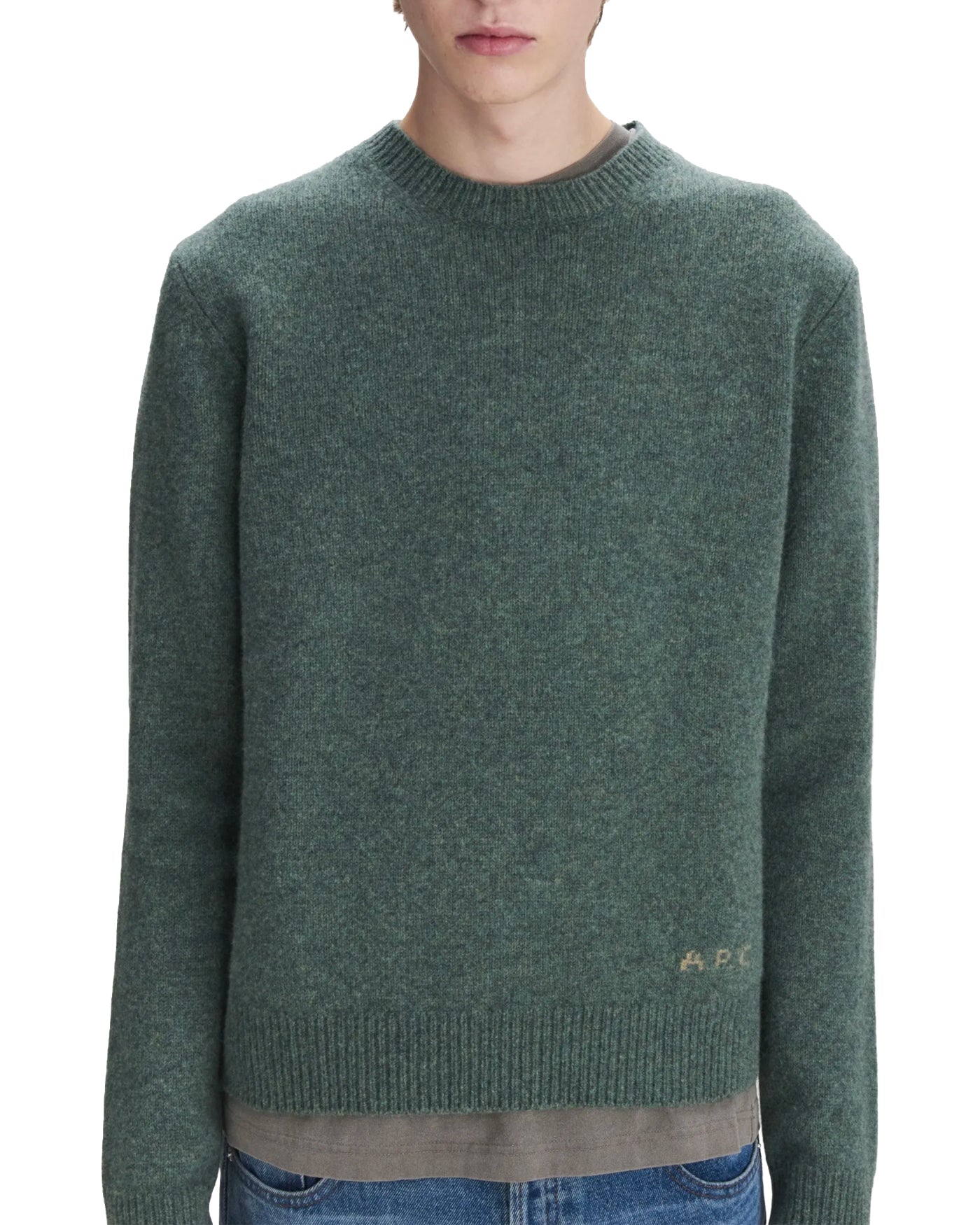Pull A.P.C. Edmond vert chiné col rond maille laine zoom face