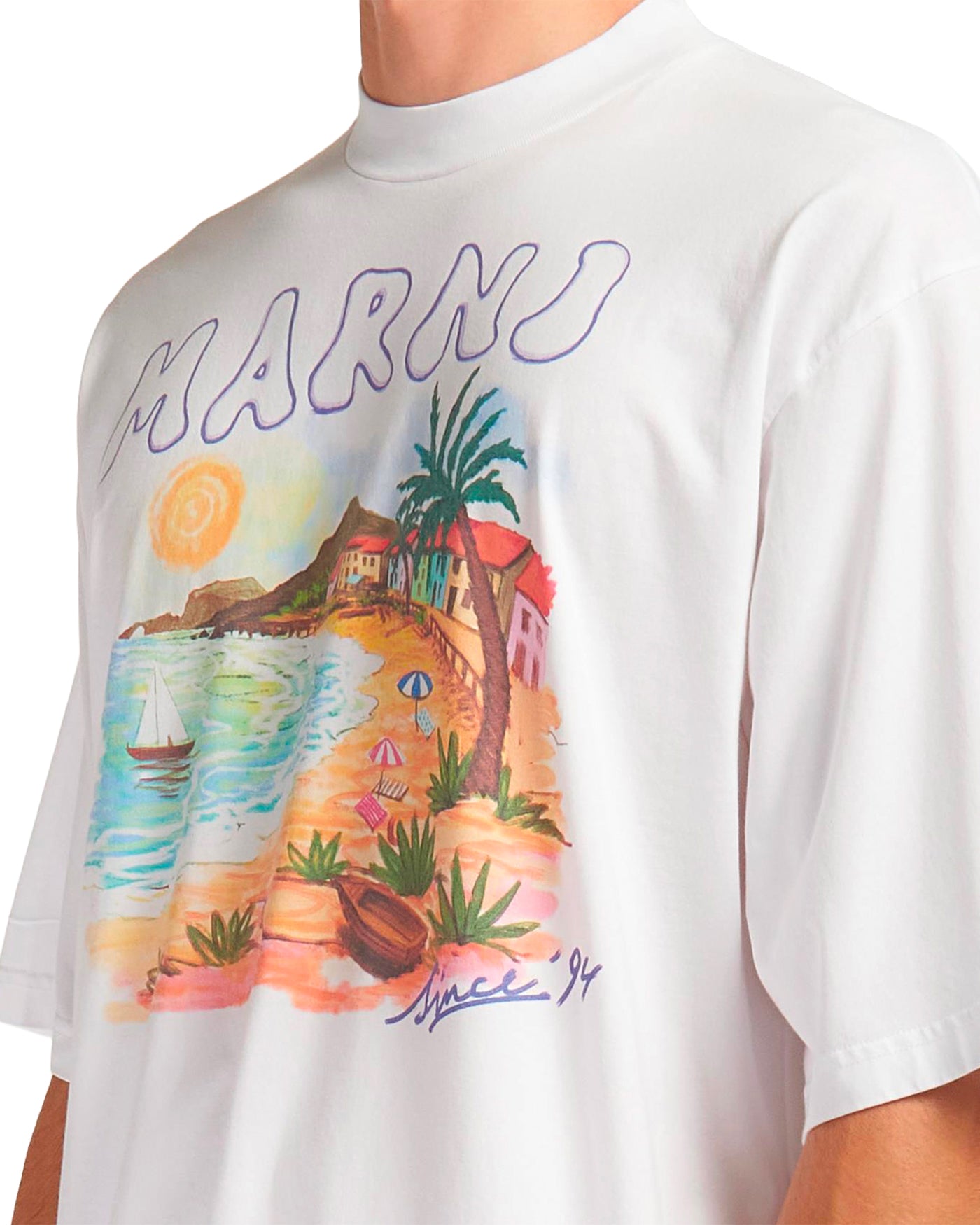 T-shirt Marni blanc détail imprimé scène de plage et logo face