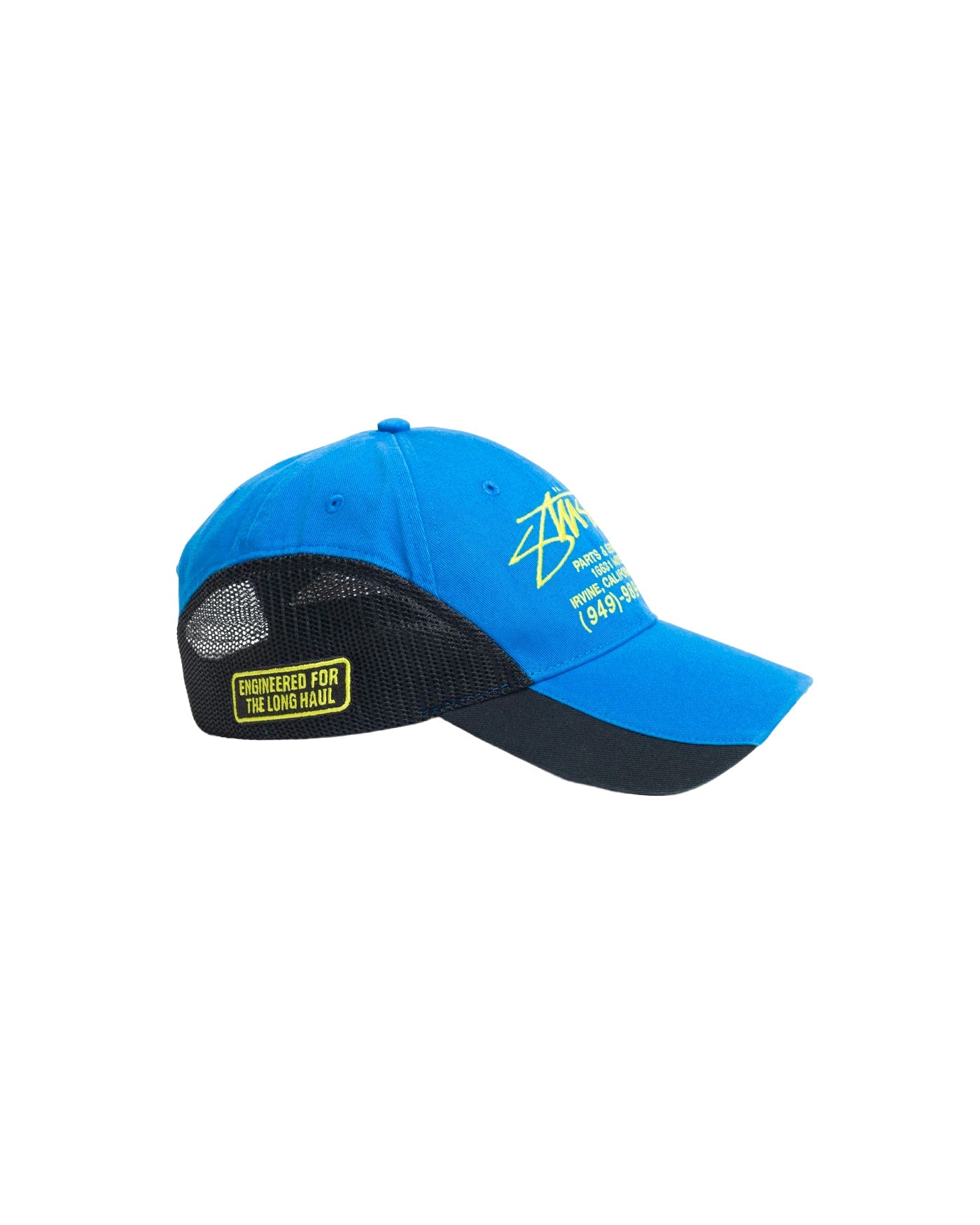 Casquette Stüssy Strapback LP Service Mesh bleue et noire profil gauche