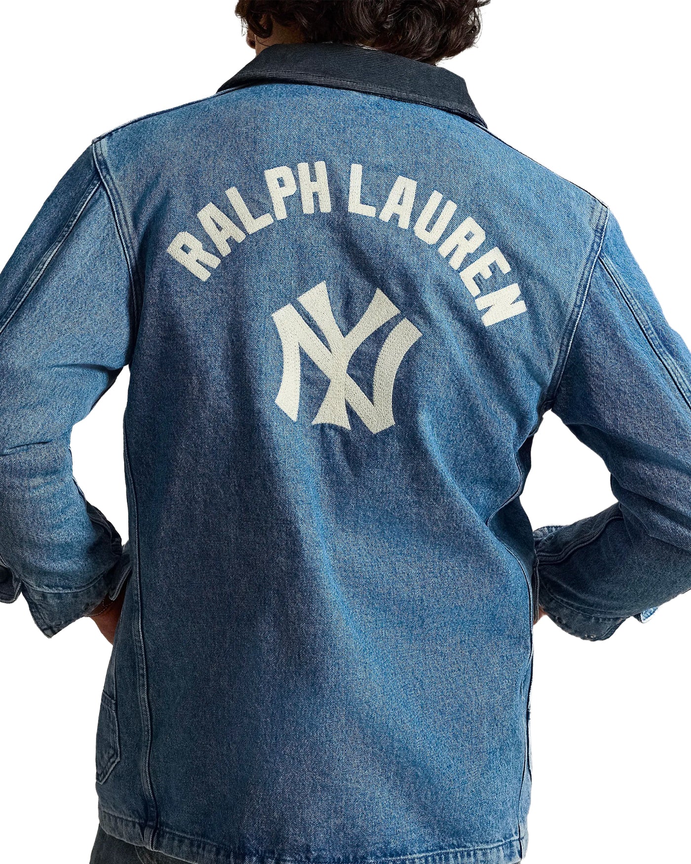 Veste denim Ralph Lauren x Yankees bleue logo brodé au dos portée