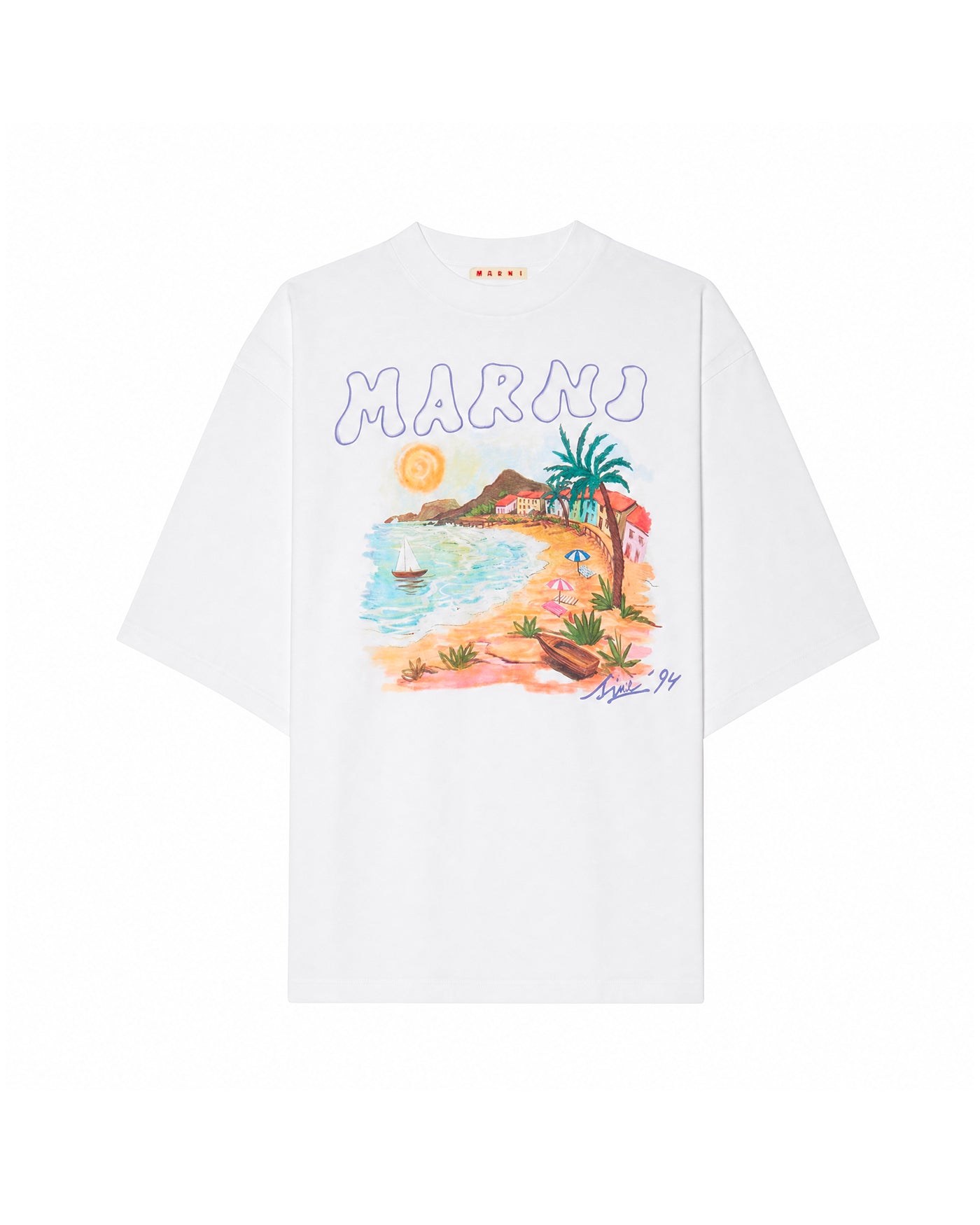 T-shirt Marni blanc imprimé scène de plage colorée logo face