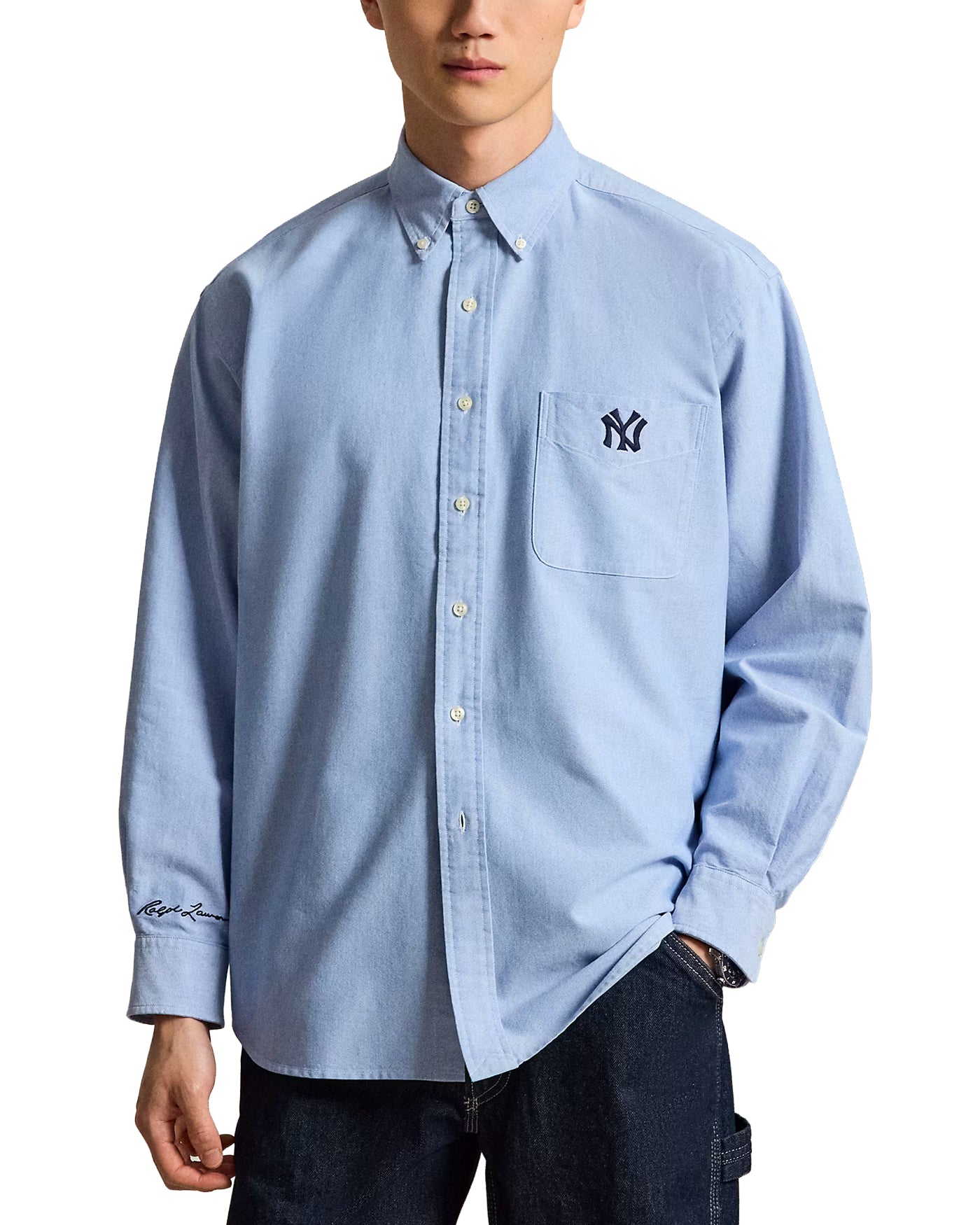 Chemise Oxford Ralph Lauren x Yankees bleue logo NY brodé portée face