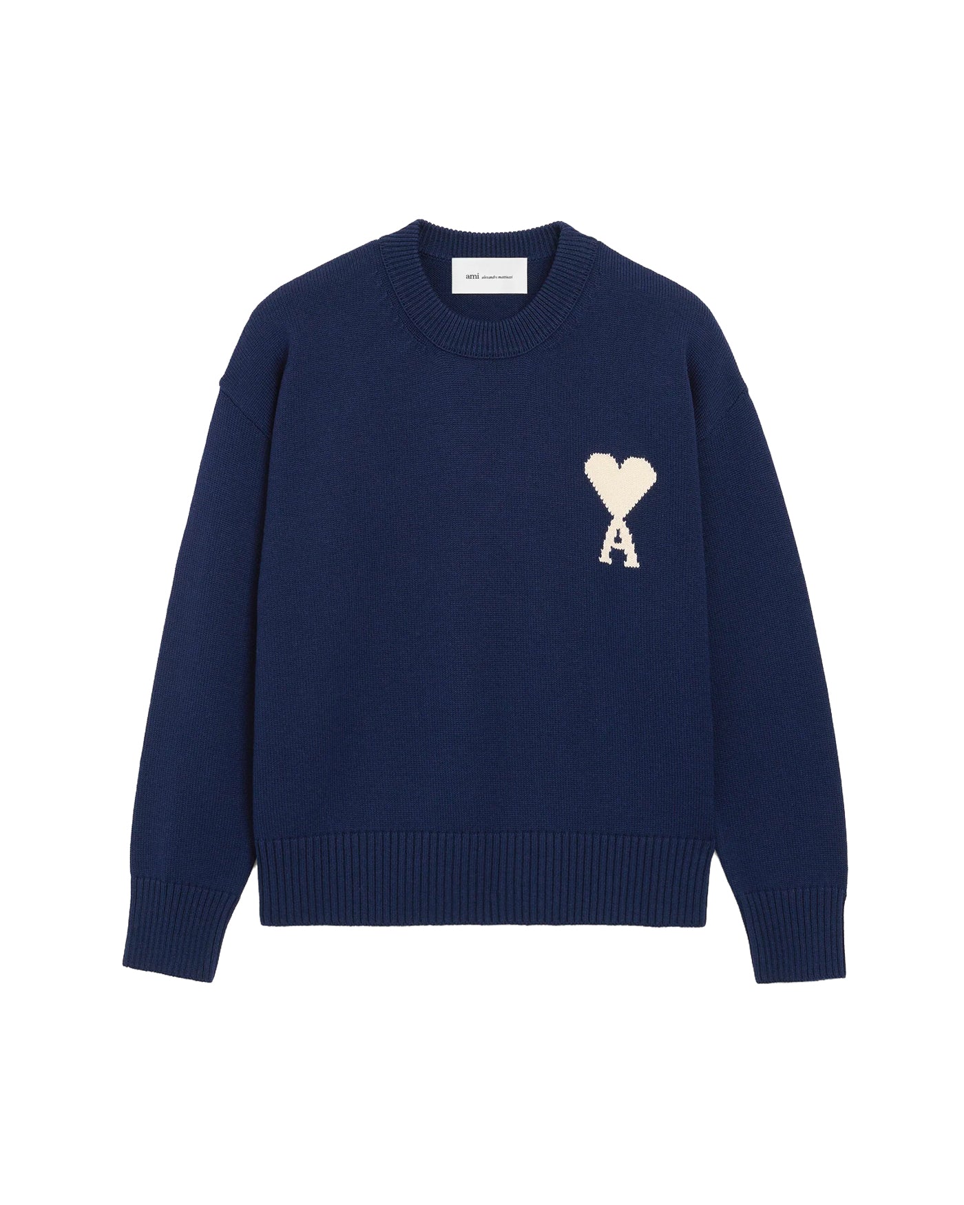 Pull col rond Ami Paris bleu marine logo Ami de Coeur écru face