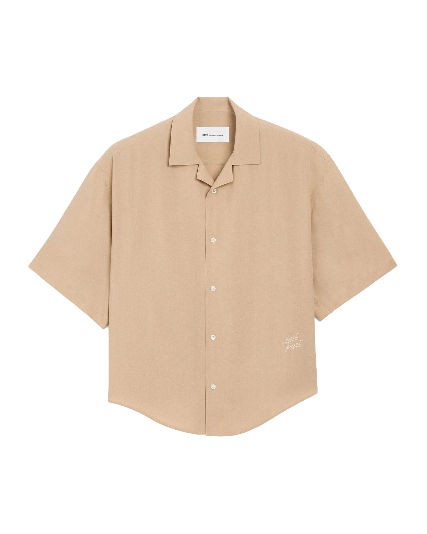 Chemise manches courtes boxy Ami Paris beige sable col ouvert vue de face