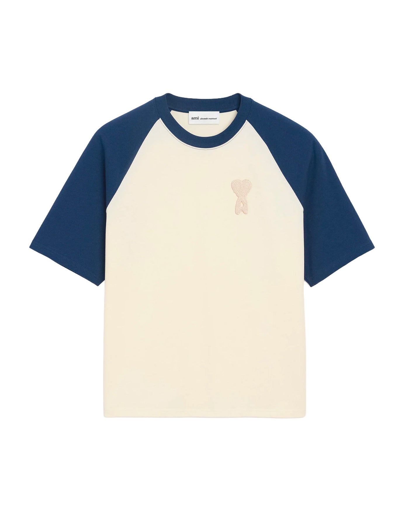 T-shirt boxy Ami Paris crème et bleu encre logo crochet vue face