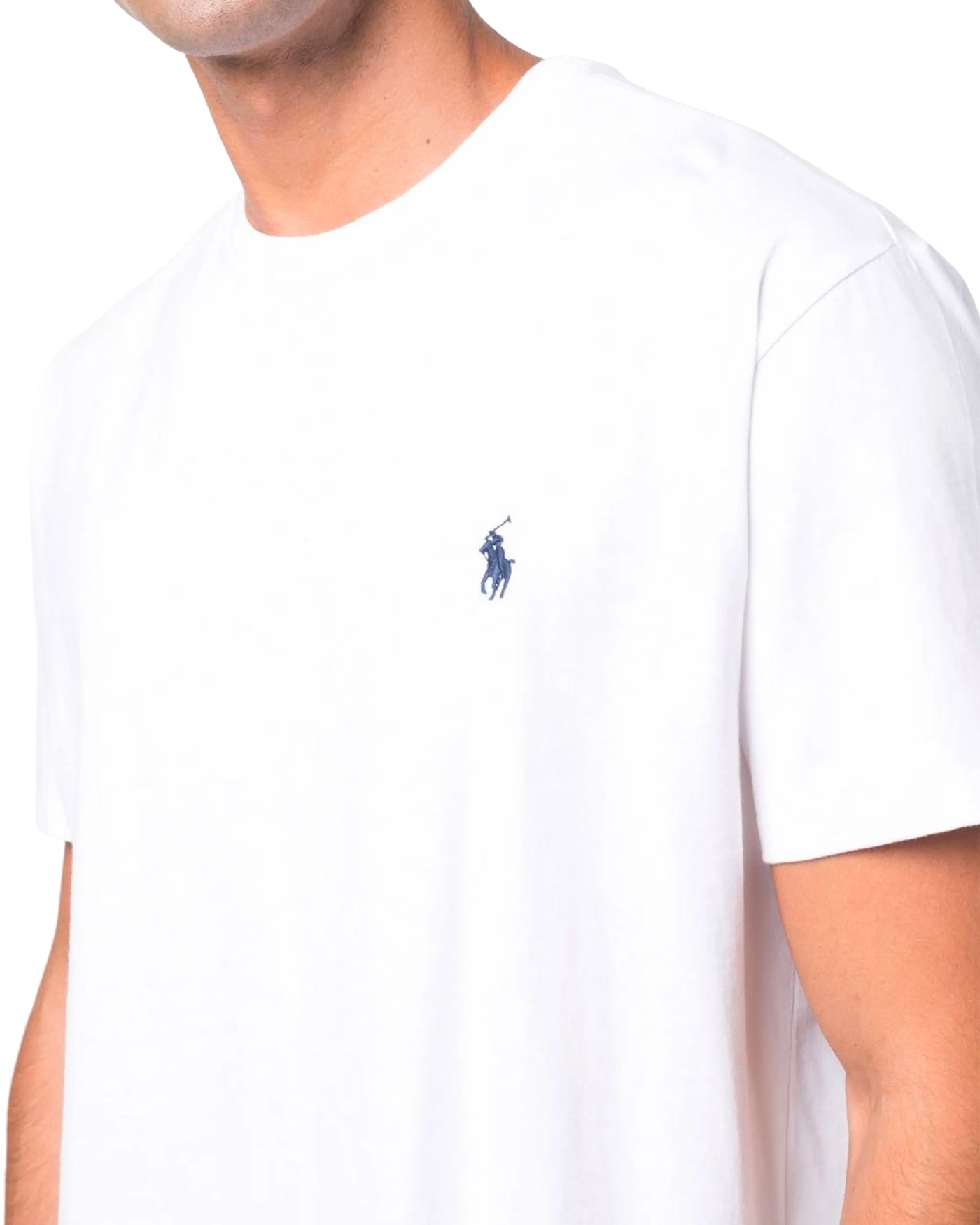 T-shirt Ralph Lauren blanc logo poney brodé col rond profil droit