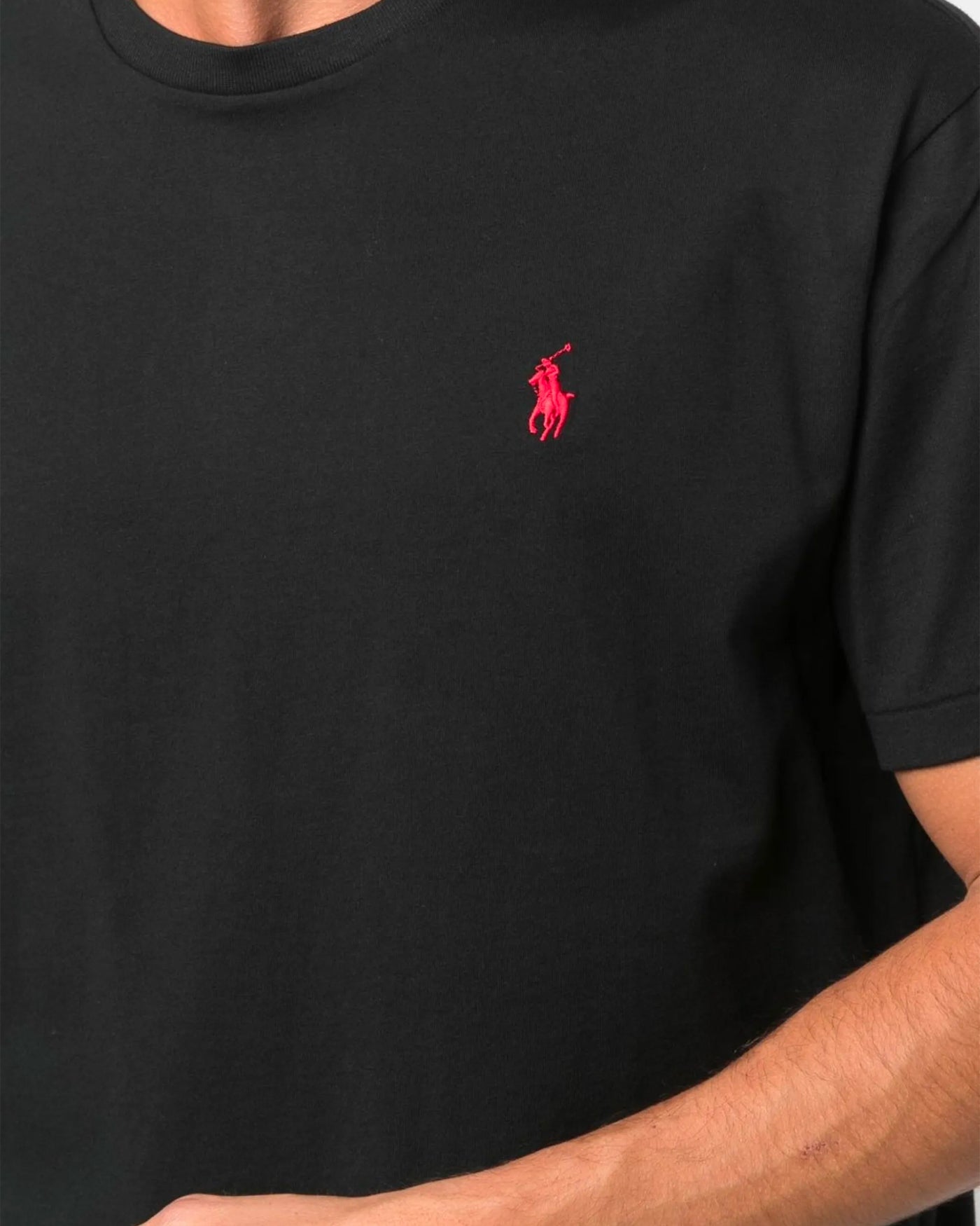 T-shirt Ralph Lauren jersey noir zoom logo poney brodé rouge face