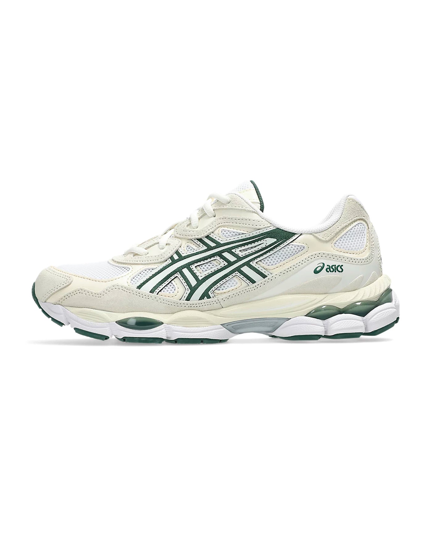 Sneakers ASICS GEL-NYC 750 coloris ivoire et vert forêt profil gauche