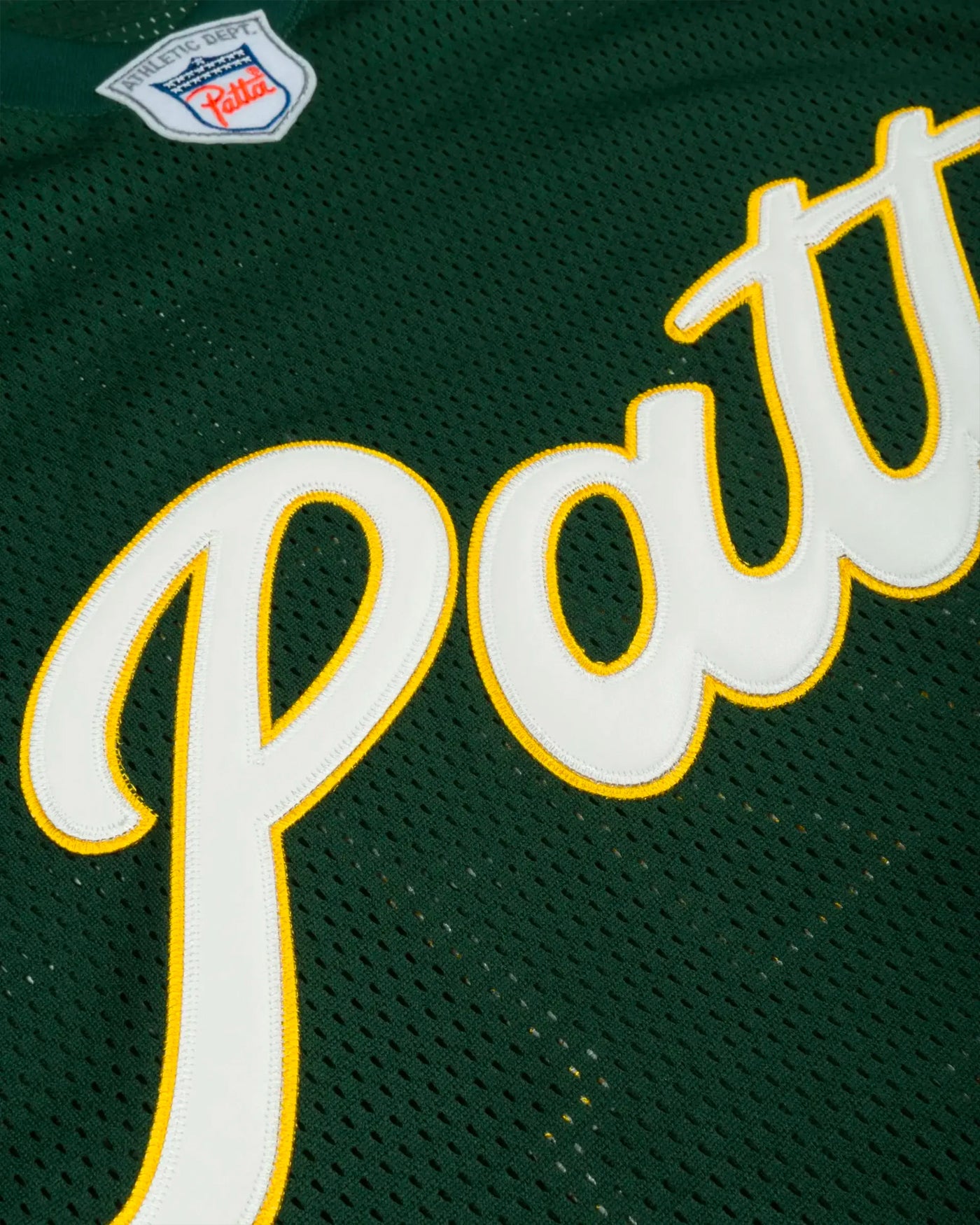 Jersey American Football Patta vert détail broderie logo blanc et jaune