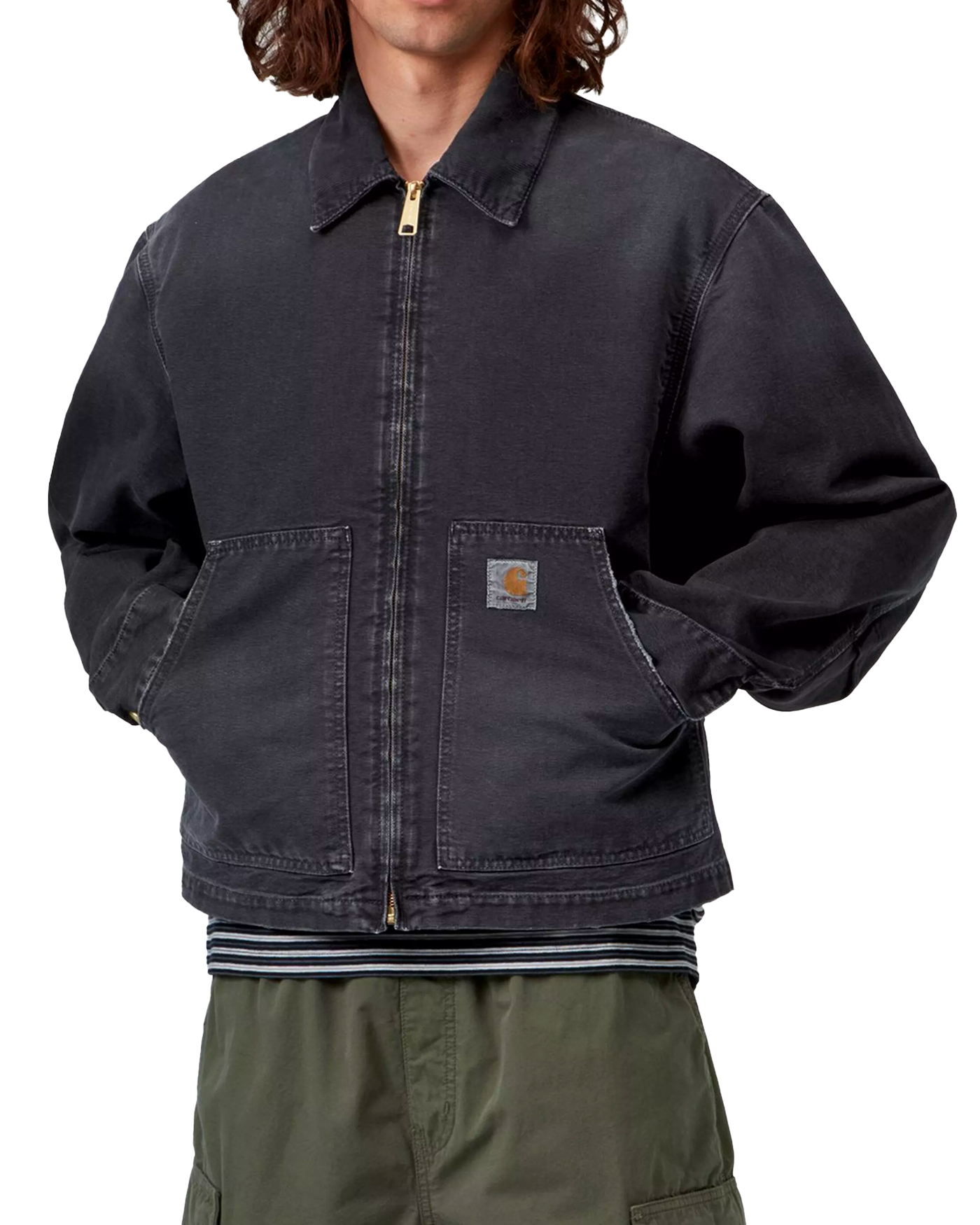 Veste Carhartt WIP Jacket Arcan noir délavé portée homme face