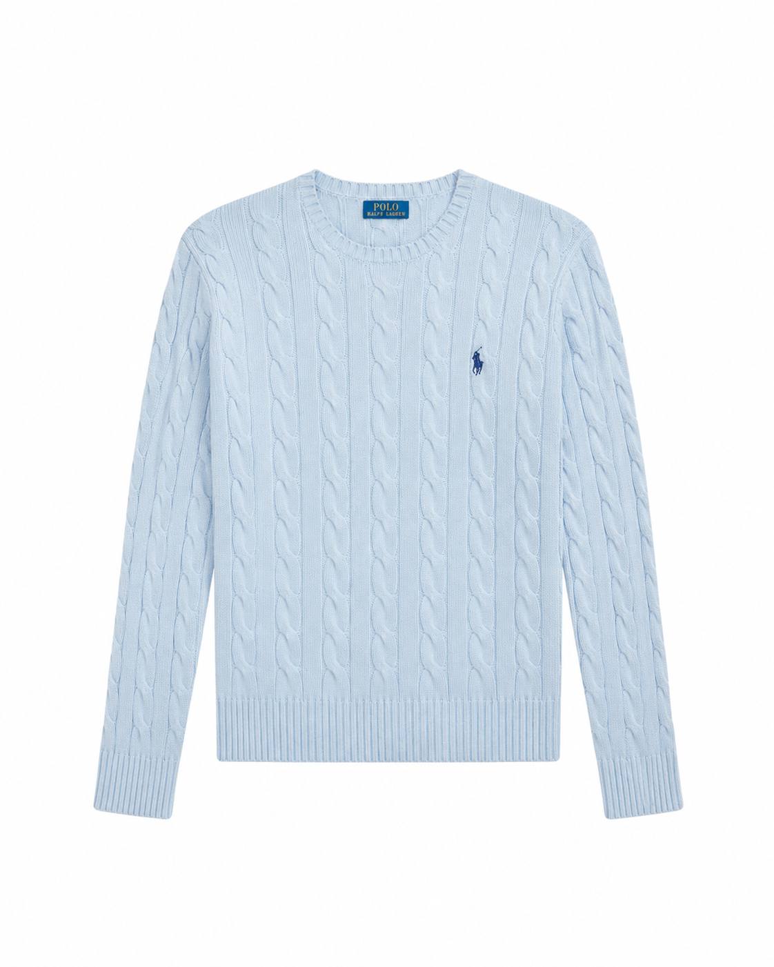Pull torsadé Ralph Lauren Roving Cotton bleu ciel col rond logo pony face