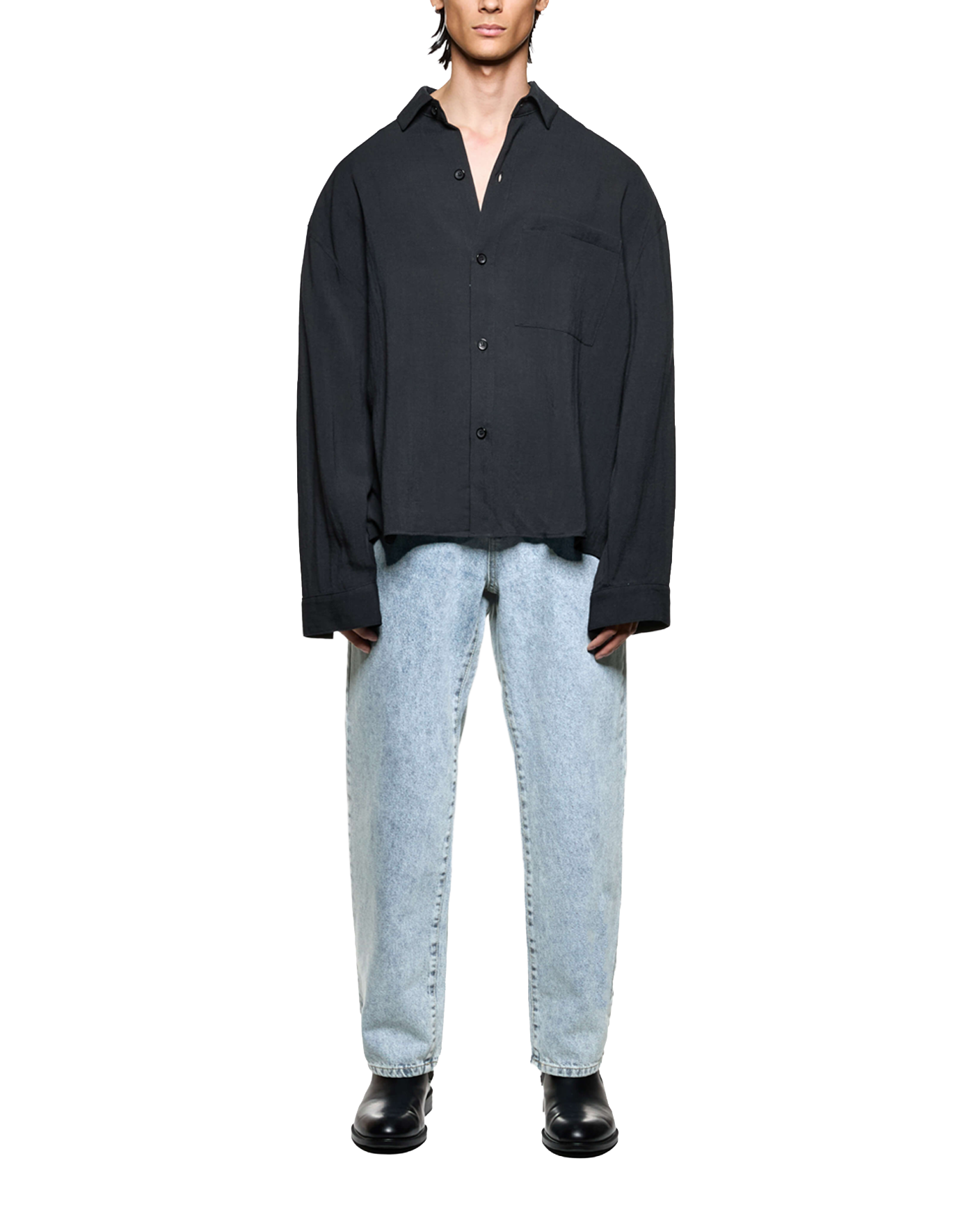 DRAPE SLUB BOX DRESS SHIRT BLACK
