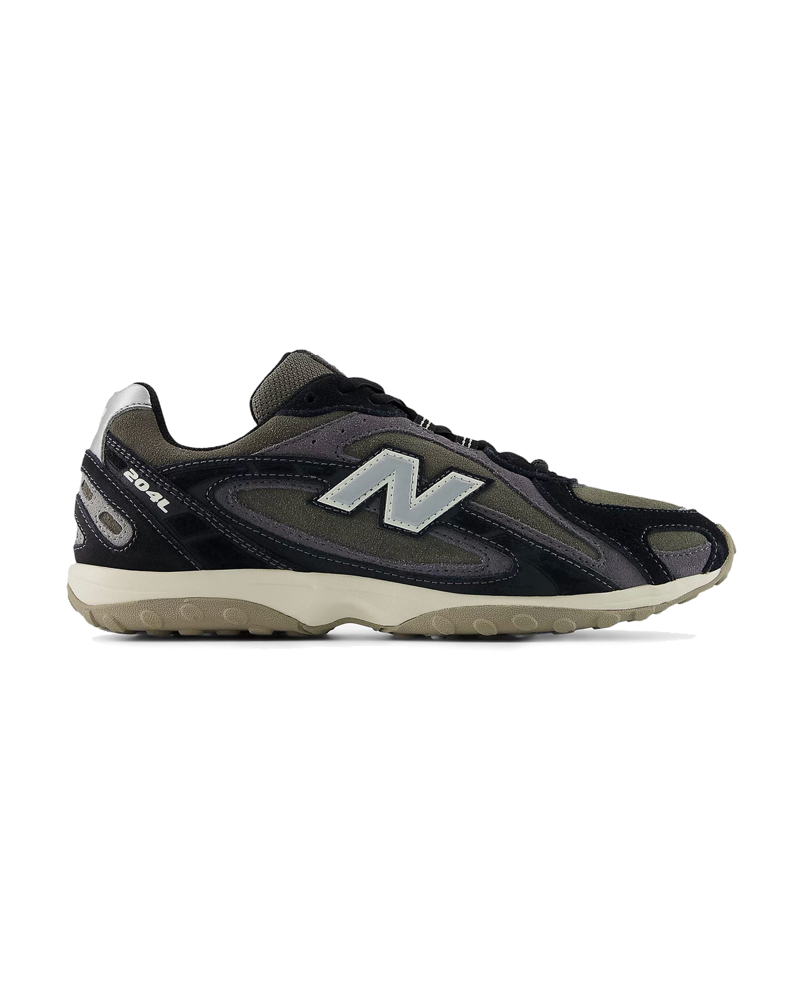 Sneakers New Balance 204L noir et vert kaki avec logo gris profil droit