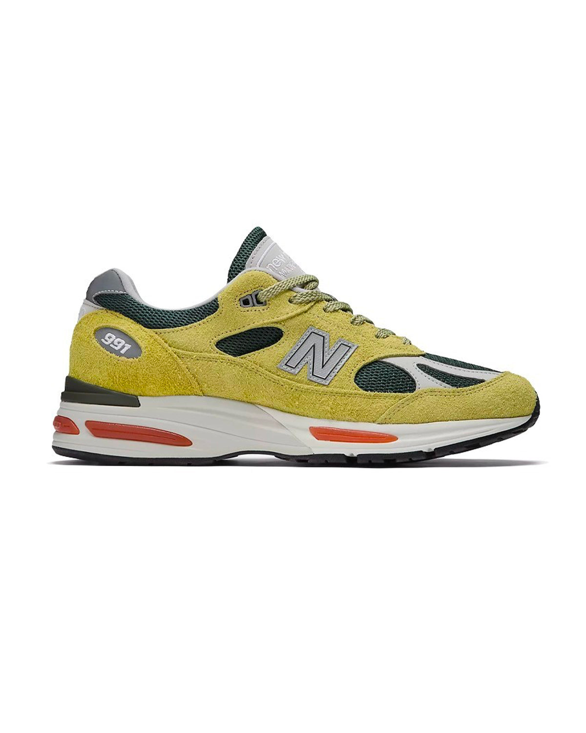 Sneakers New Balance 991 jaune vert foncé accents orange profil gauche