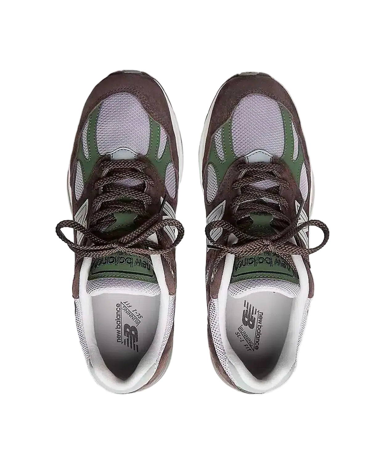 Sneakers New Balance 991 marron foncé vert mauve vue du dessus