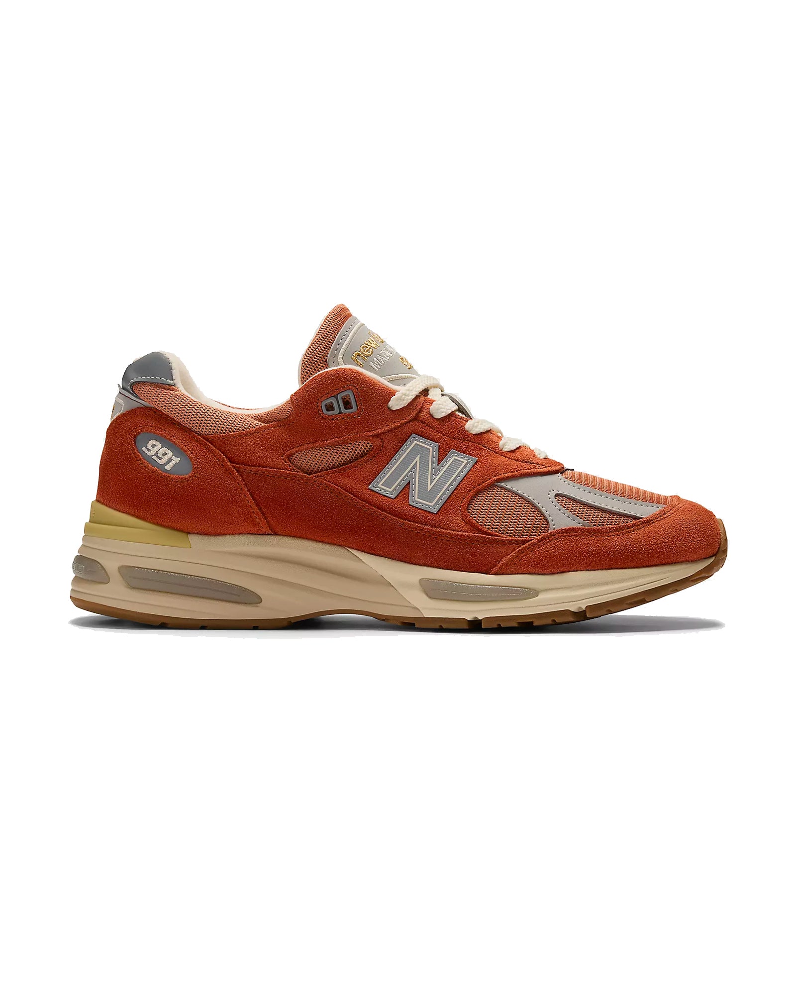 Sneakers New Balance 991 orange et gris profil droit Made in UK
