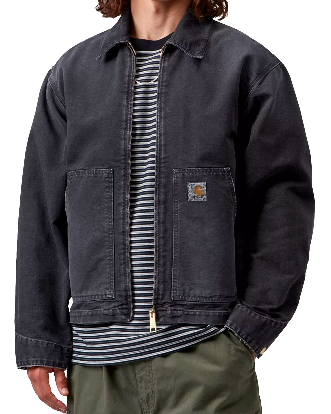 Veste Carhartt WIP Jacket Arcan noire délavée portée homme face