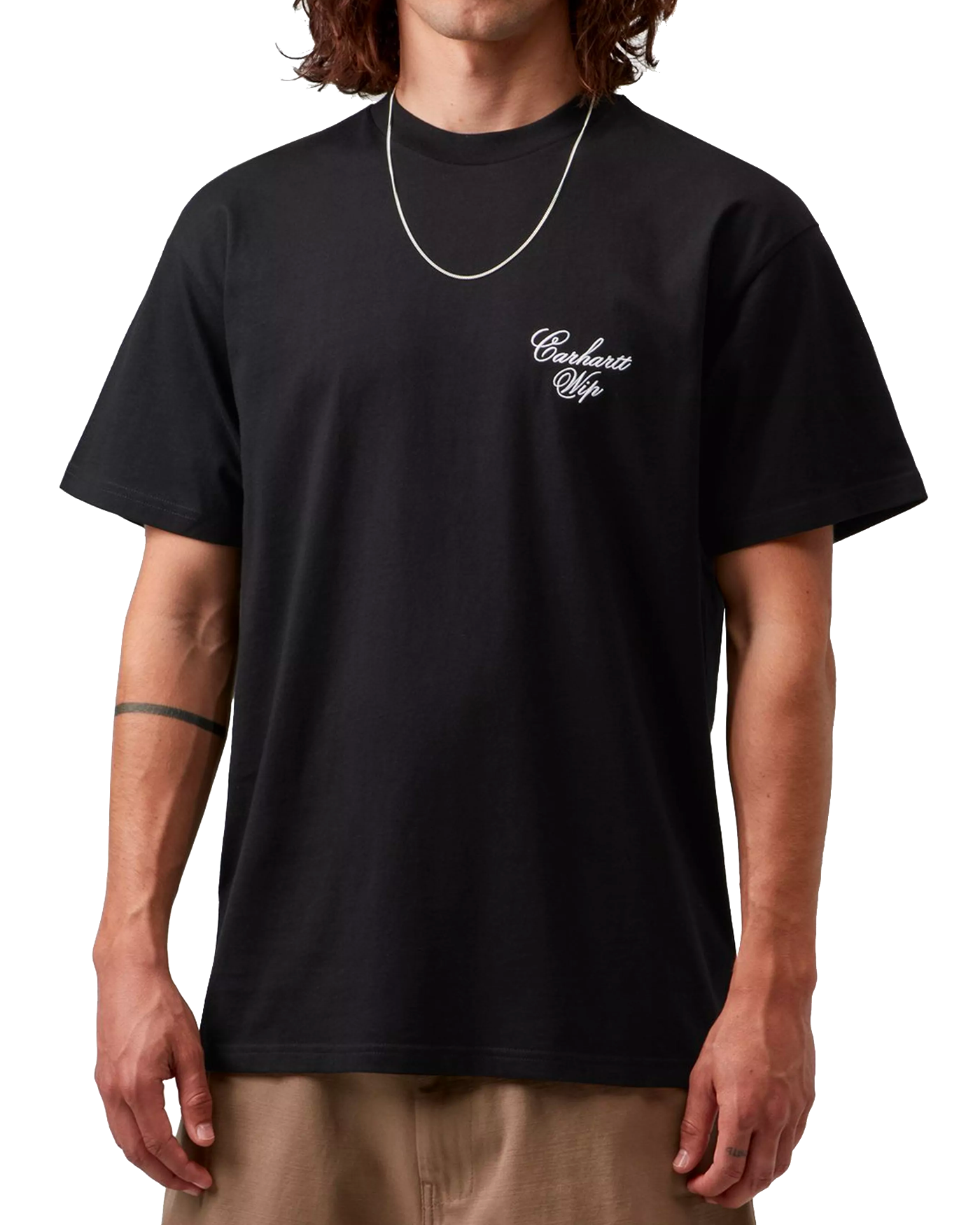 T-shirt Carhartt WIP Gracious noir logo script poitrine porté face