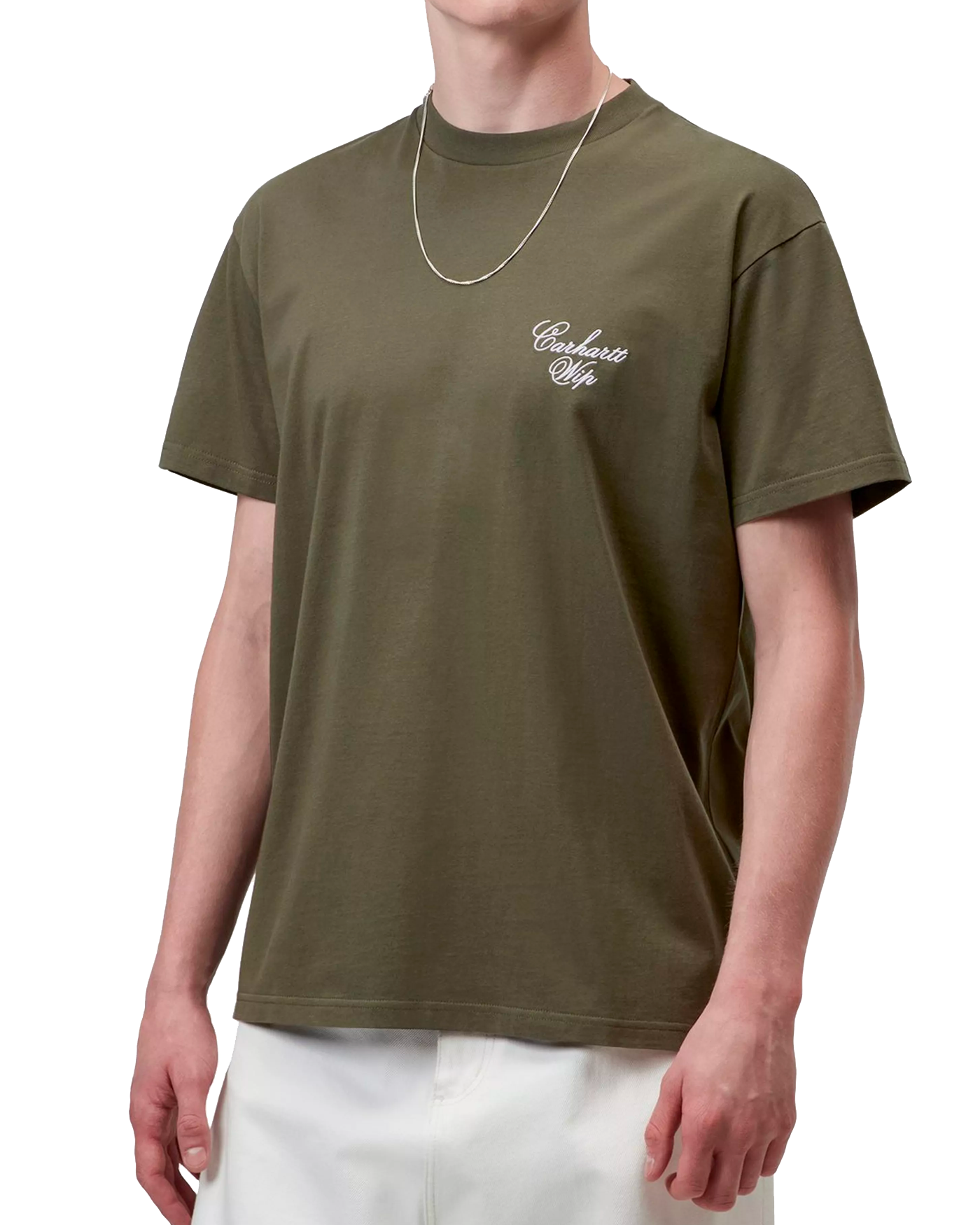 T-shirt Carhartt WIP Gracious vert kaki porté logo poitrine face