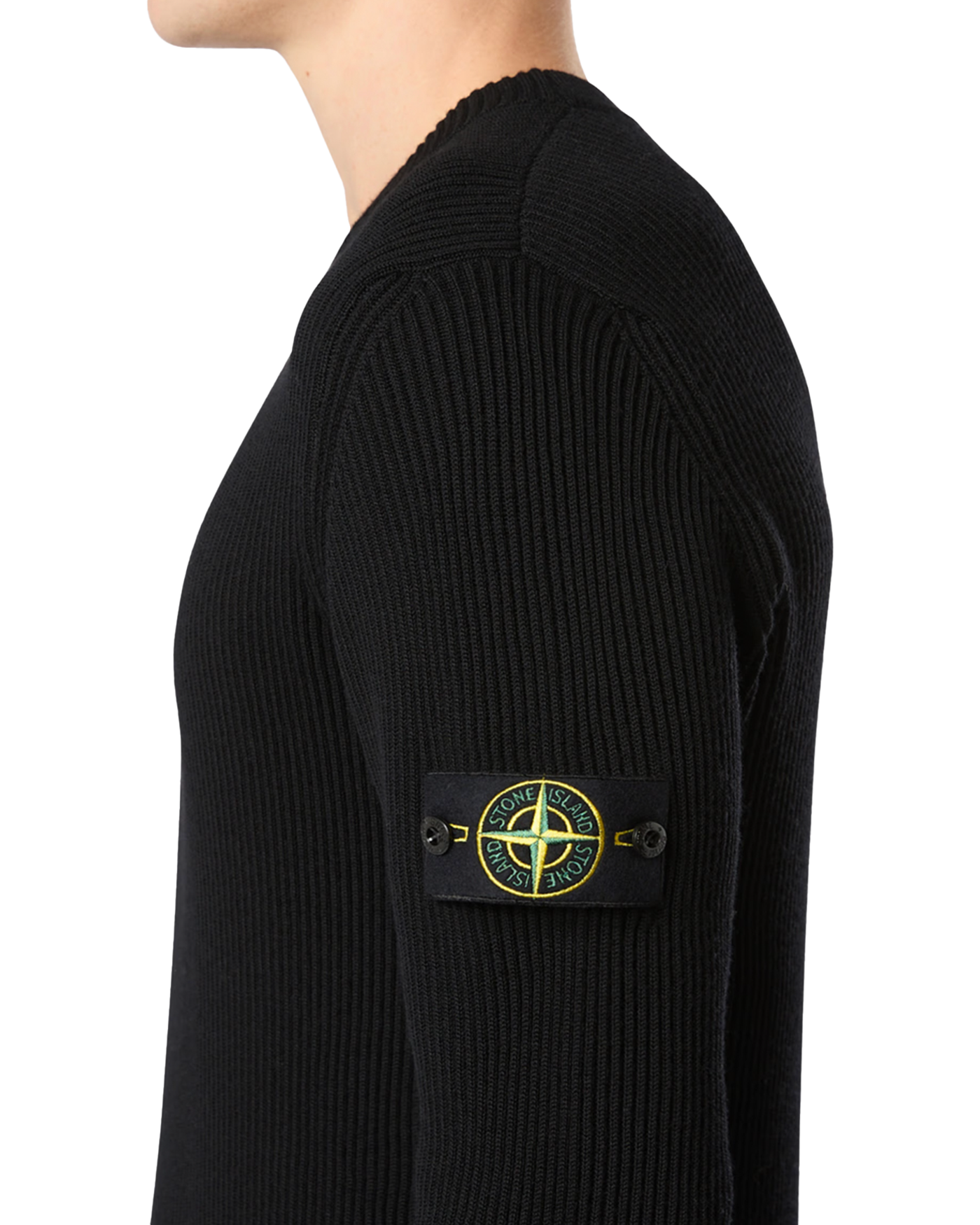 Pull col rond Stone Island noir détail badge boussole bras gauche