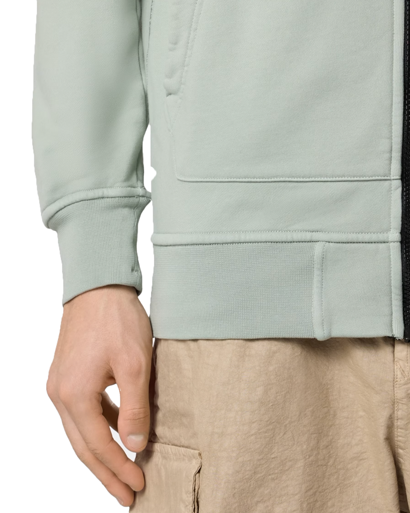 Hoodie Stone Island vert sauge détail bas du vêtement et manchette