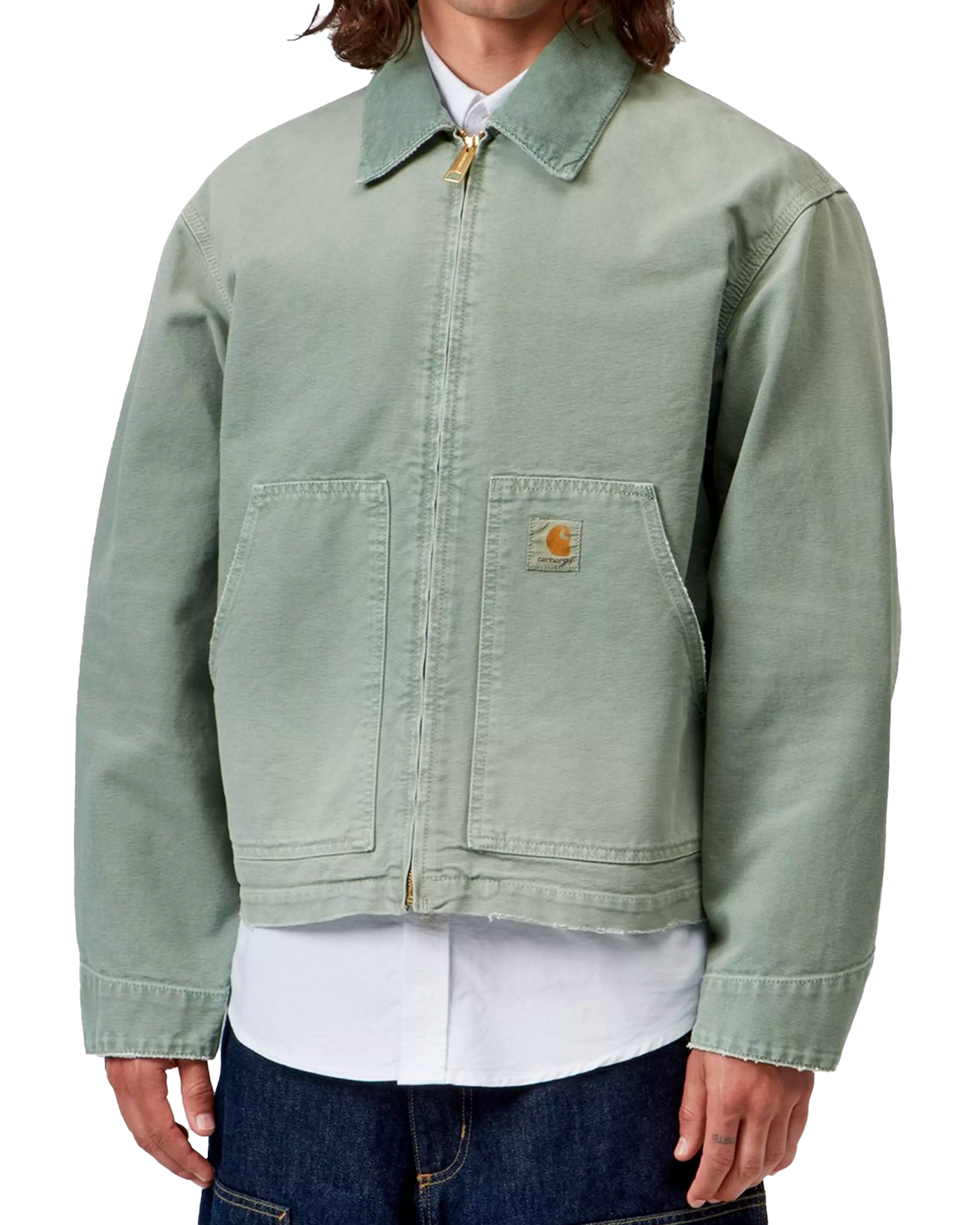 Veste Carhartt WIP Jacket Arcan verte sauge délavée portée face
