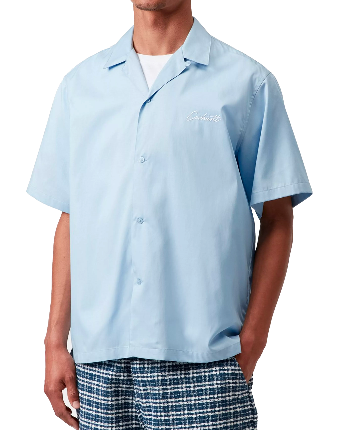 Chemise manches courtes Carhartt WIP Delray bleu ciel portée profil gauche