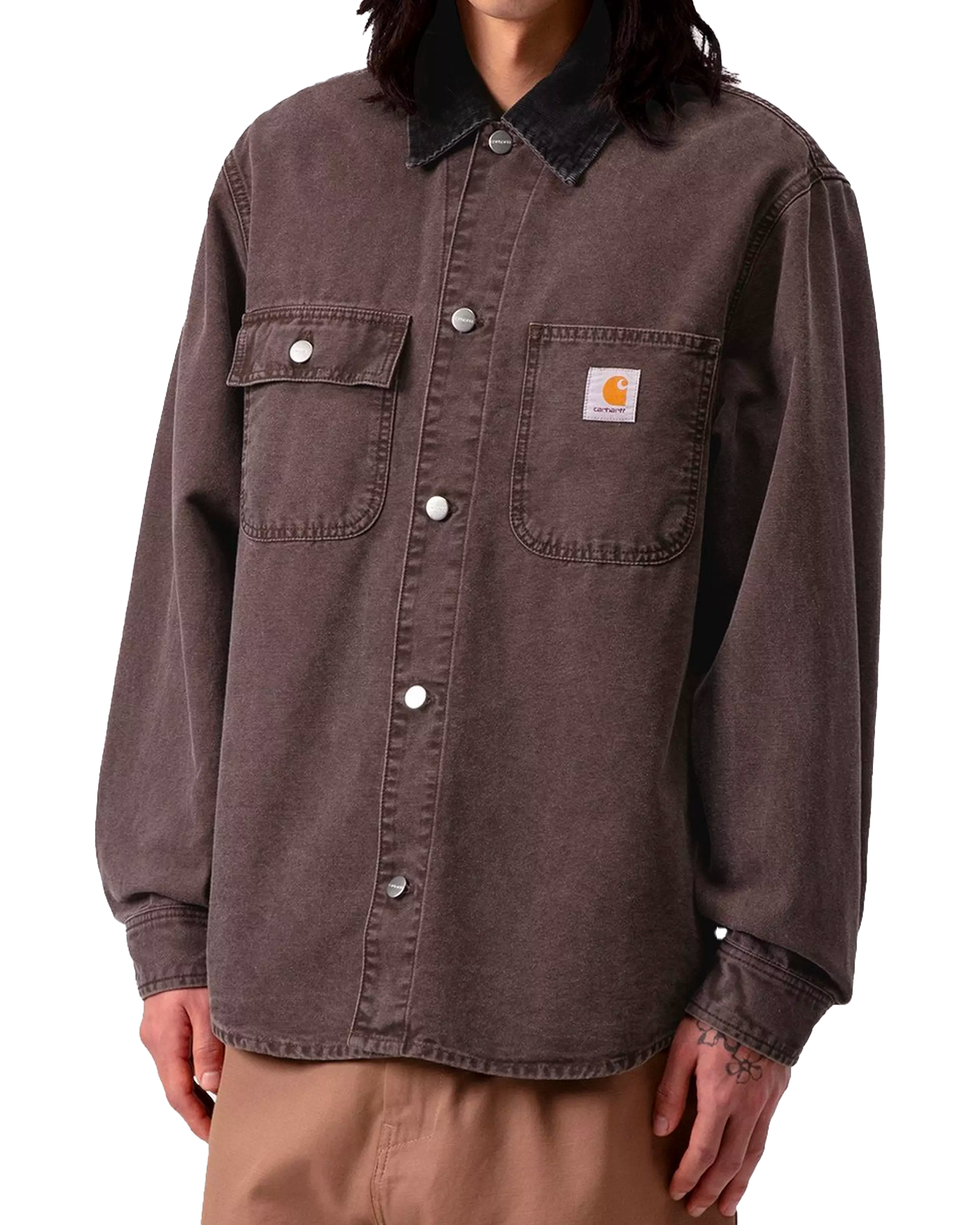 Chemise Carhartt WIP Mitch canvas marron col velours noir portée face