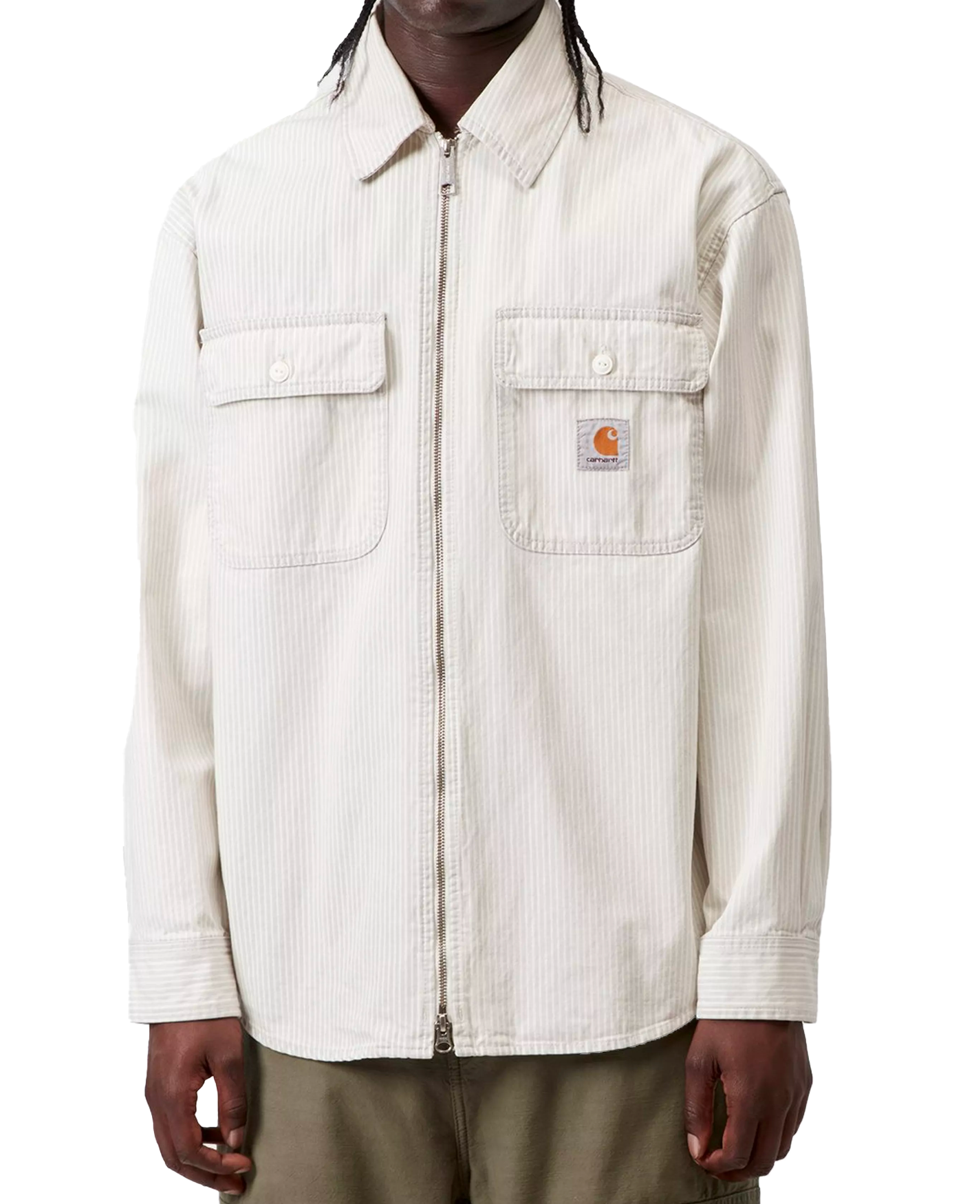 Veste-chemise Carhartt WIP jacquard rayé écru zippée portée face