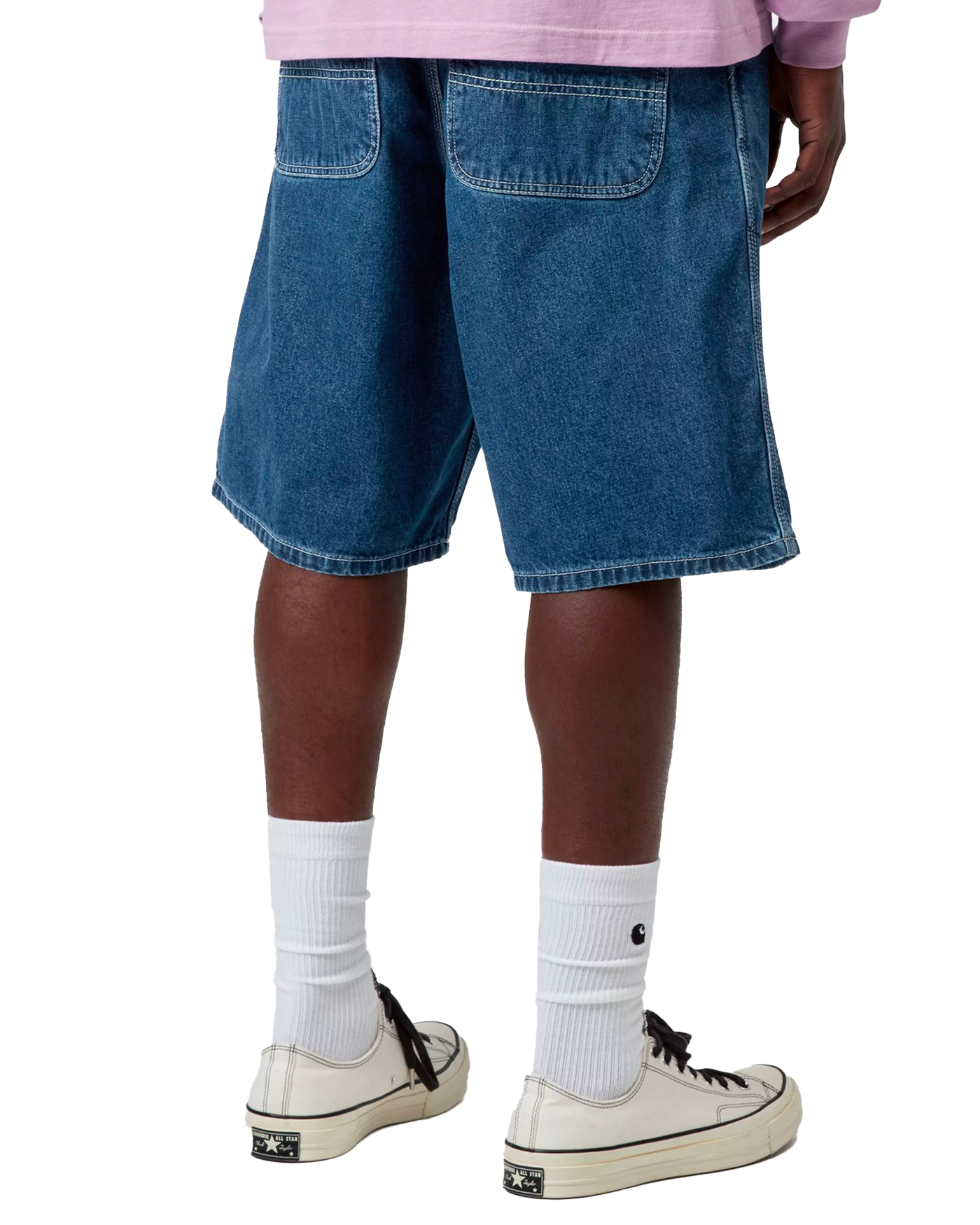 Short denim Carhartt WIP Simple bleu stone washed homme porté de dos