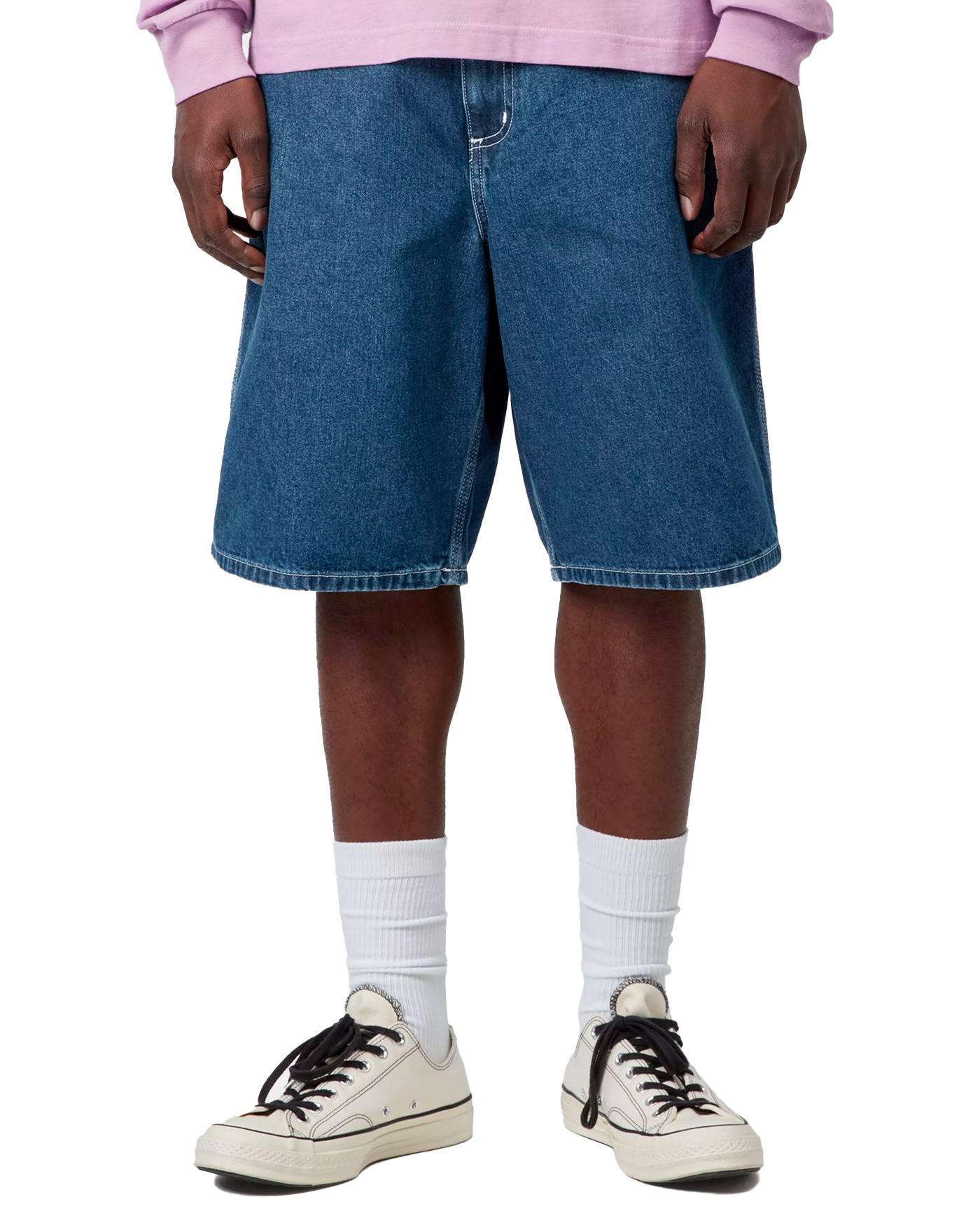 Short denim Carhartt WIP Simple bleu stone washed homme porté de face